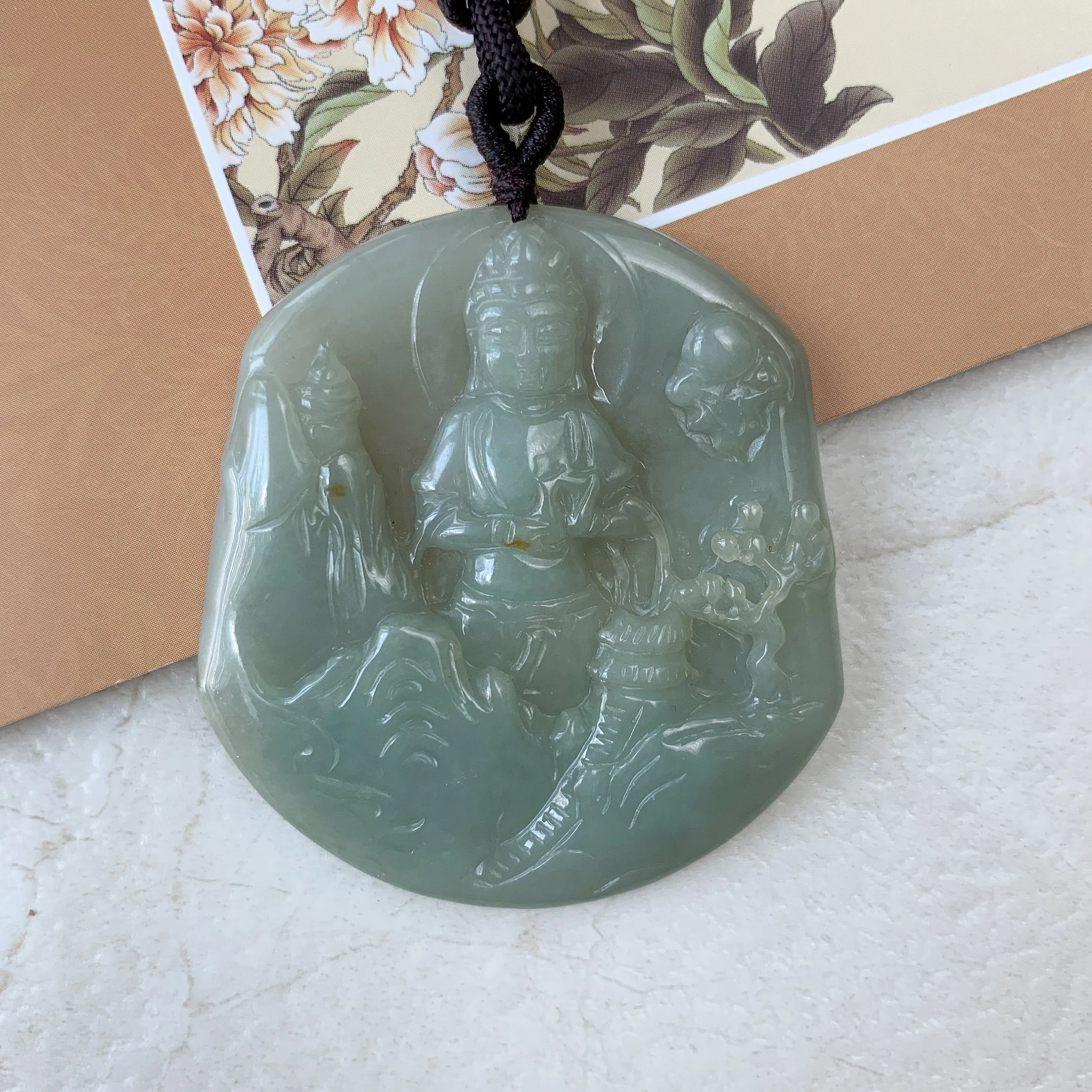 Jadeite Jade Guan Yin Mountain Landscape Avalokiteshvara Hand Carved Pendant Necklace, YJ-0321-0384928