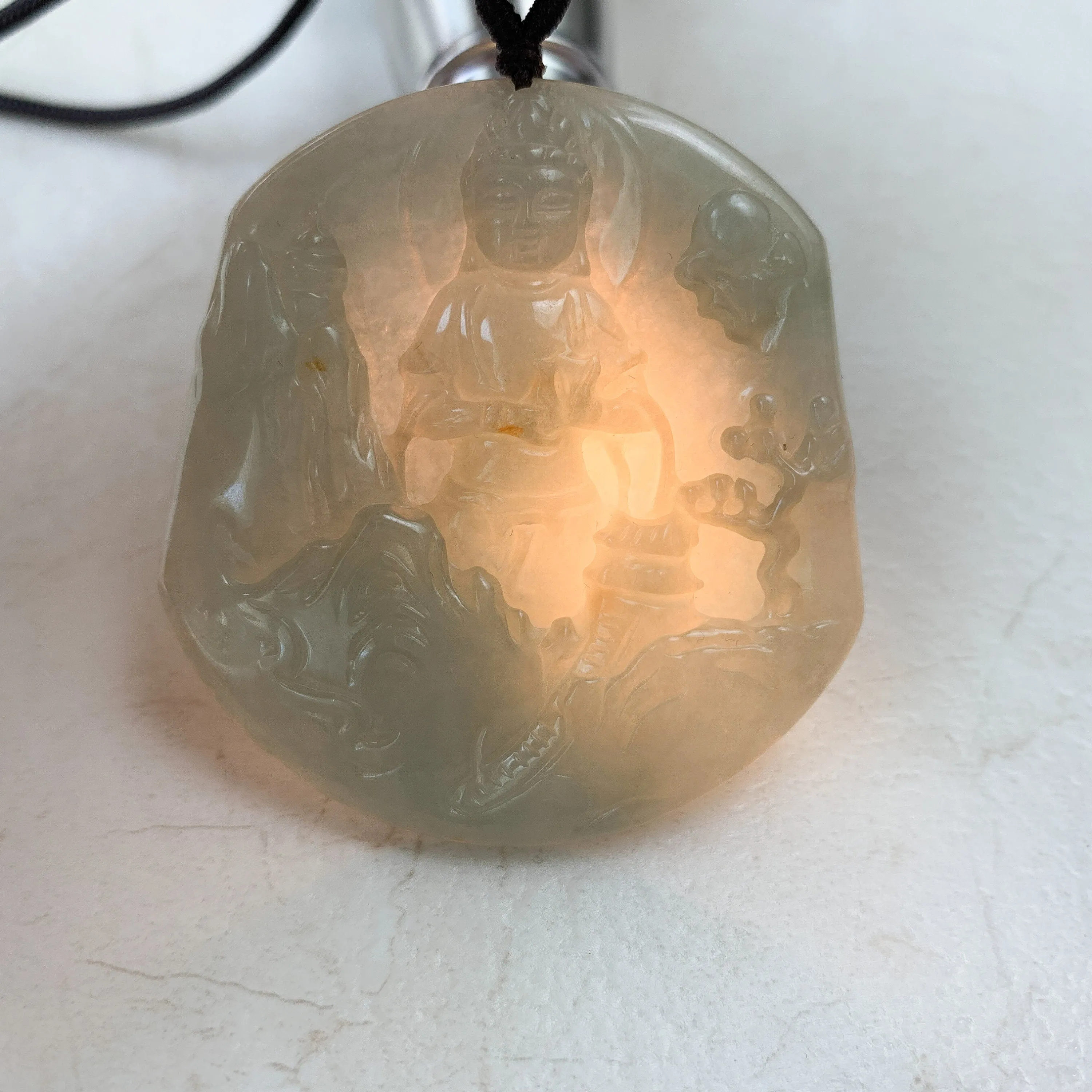 Jadeite Jade Guan Yin Mountain Landscape Avalokiteshvara Hand Carved Pendant Necklace, YJ-0321-0384928