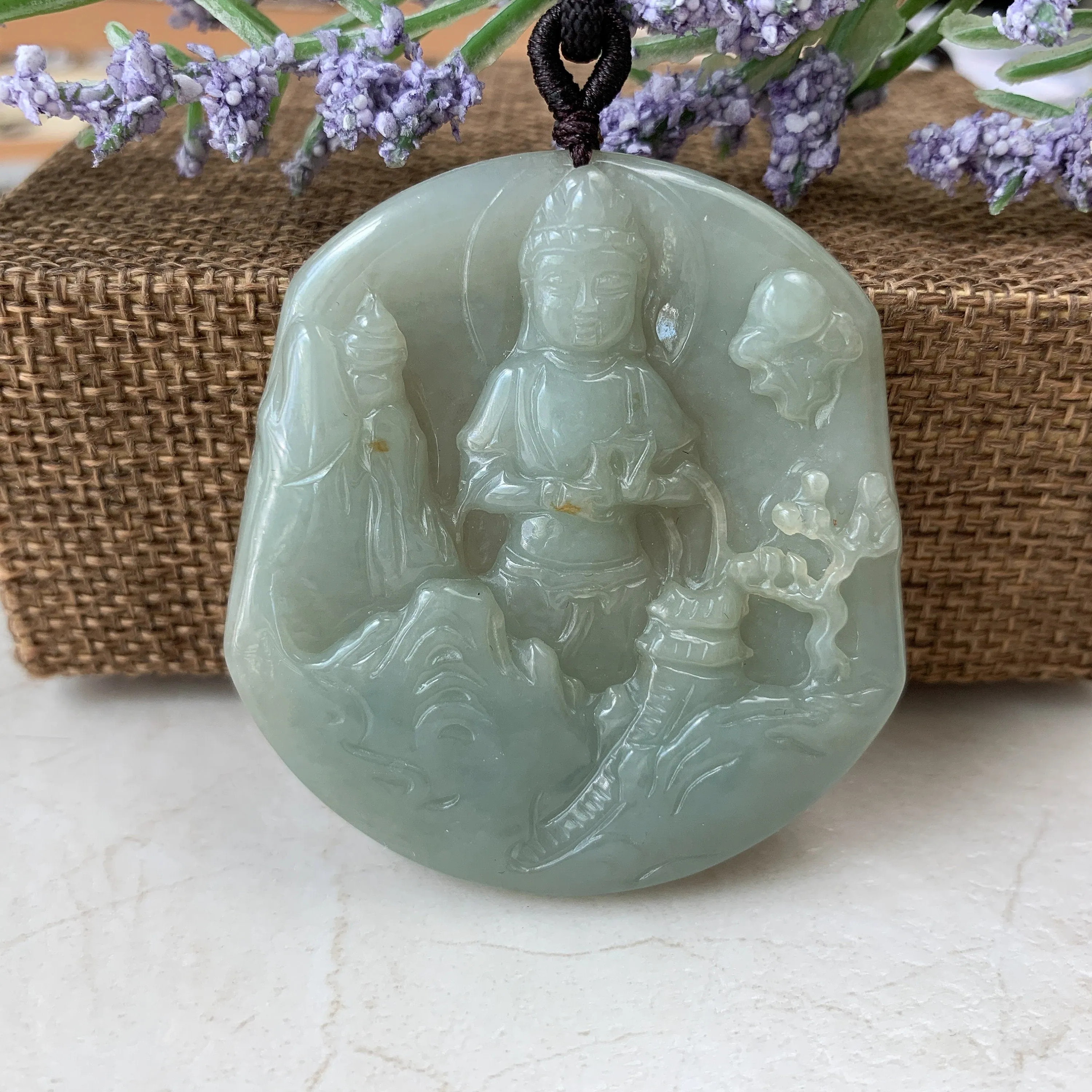 Jadeite Jade Guan Yin Mountain Landscape Avalokiteshvara Hand Carved Pendant Necklace, YJ-0321-0384928
