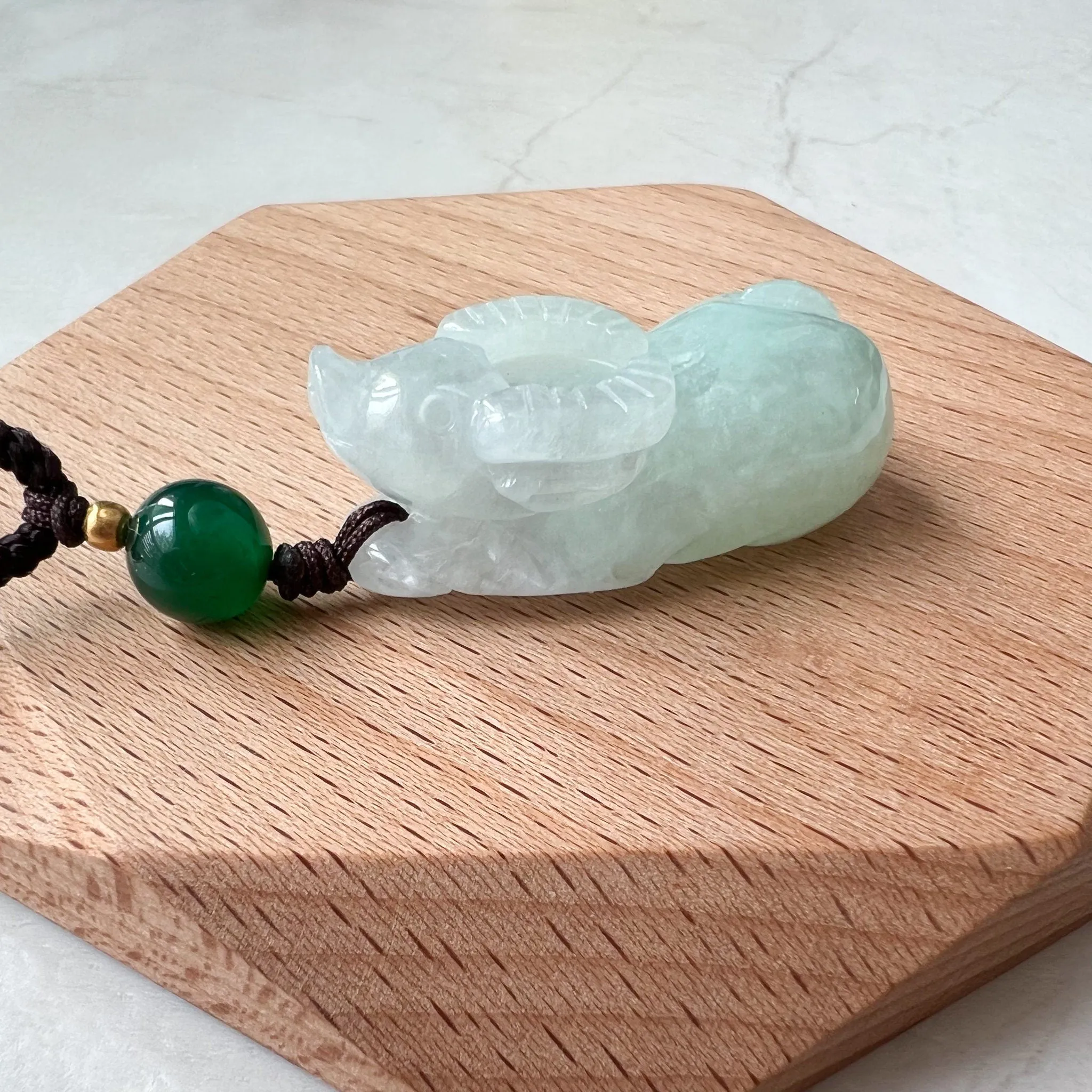 Jadeite Jade Ox Bull Cow, Light Green Jade, Chinese Zodiac Carved Necklace, YJ-0321-0468538-3