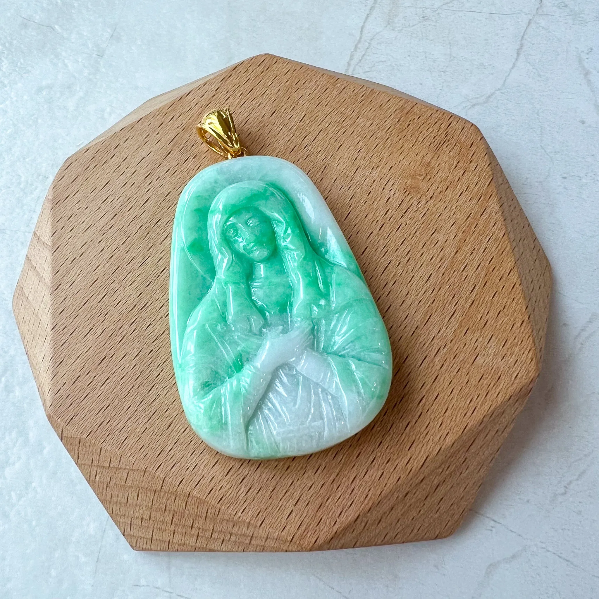 Jadeite Jade Virgin Mary Pendant with 18K Solid Gold Bail, Green Jade Hand Carved Pendant, QT-0223-1722135125