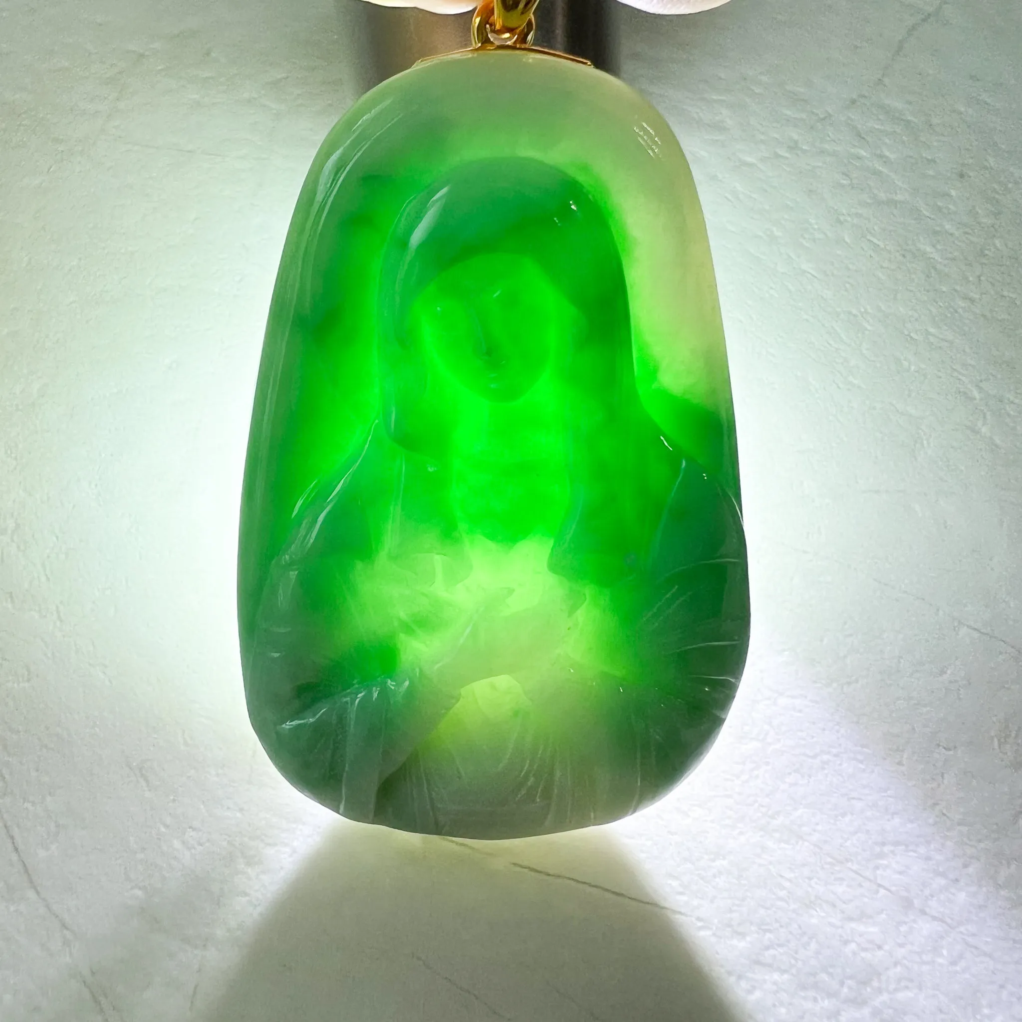 Jadeite Jade Virgin Mary Pendant with 18K Solid Gold Bail, Green Jade Hand Carved Pendant, QT-0223-1722135125