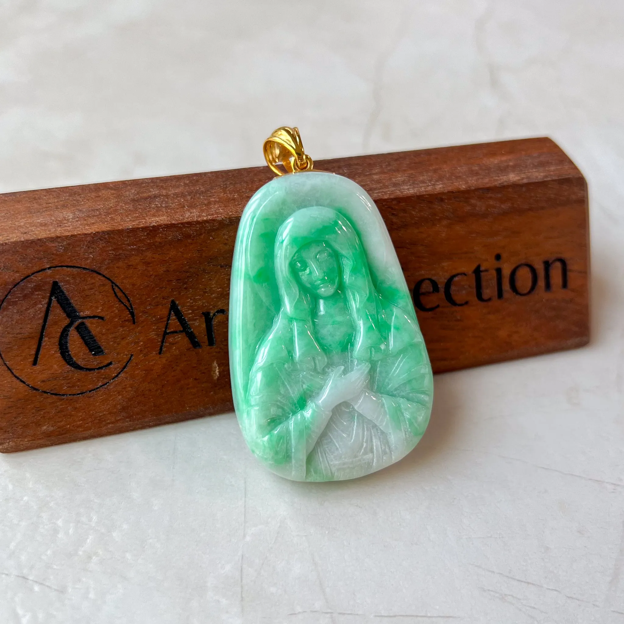 Jadeite Jade Virgin Mary Pendant with 18K Solid Gold Bail, Green Jade Hand Carved Pendant, QT-0223-1722135125