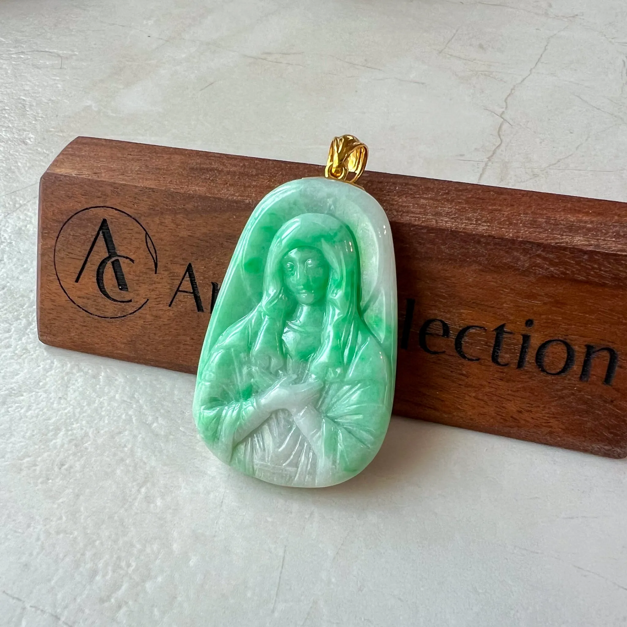 Jadeite Jade Virgin Mary Pendant with 18K Solid Gold Bail, Green Jade Hand Carved Pendant, QT-0223-1722135125