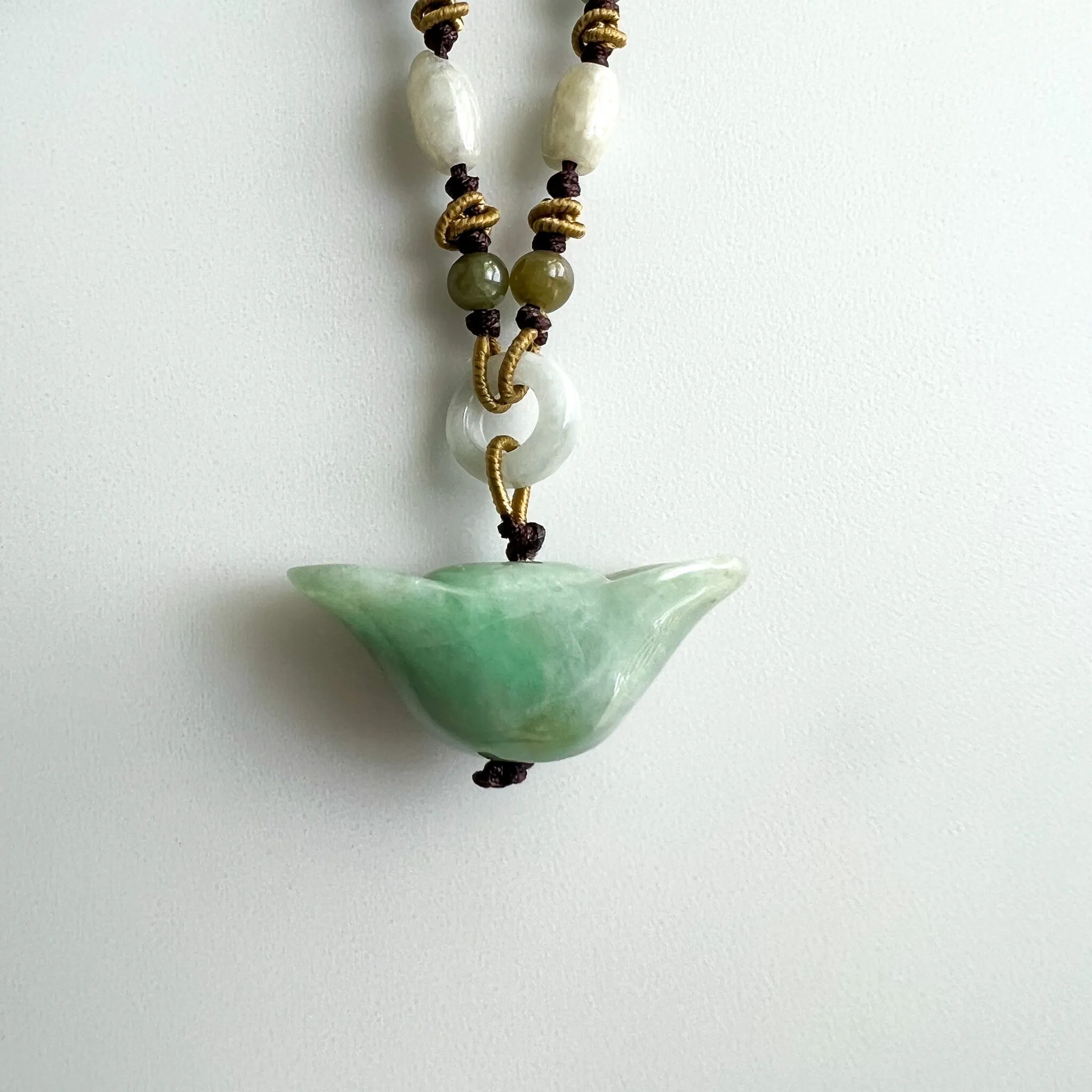 Jadeite Jade Wealth Charm, Ancient Ingot, 元宝, Hand Carved Jade Necklace, YW-0110-1655326212