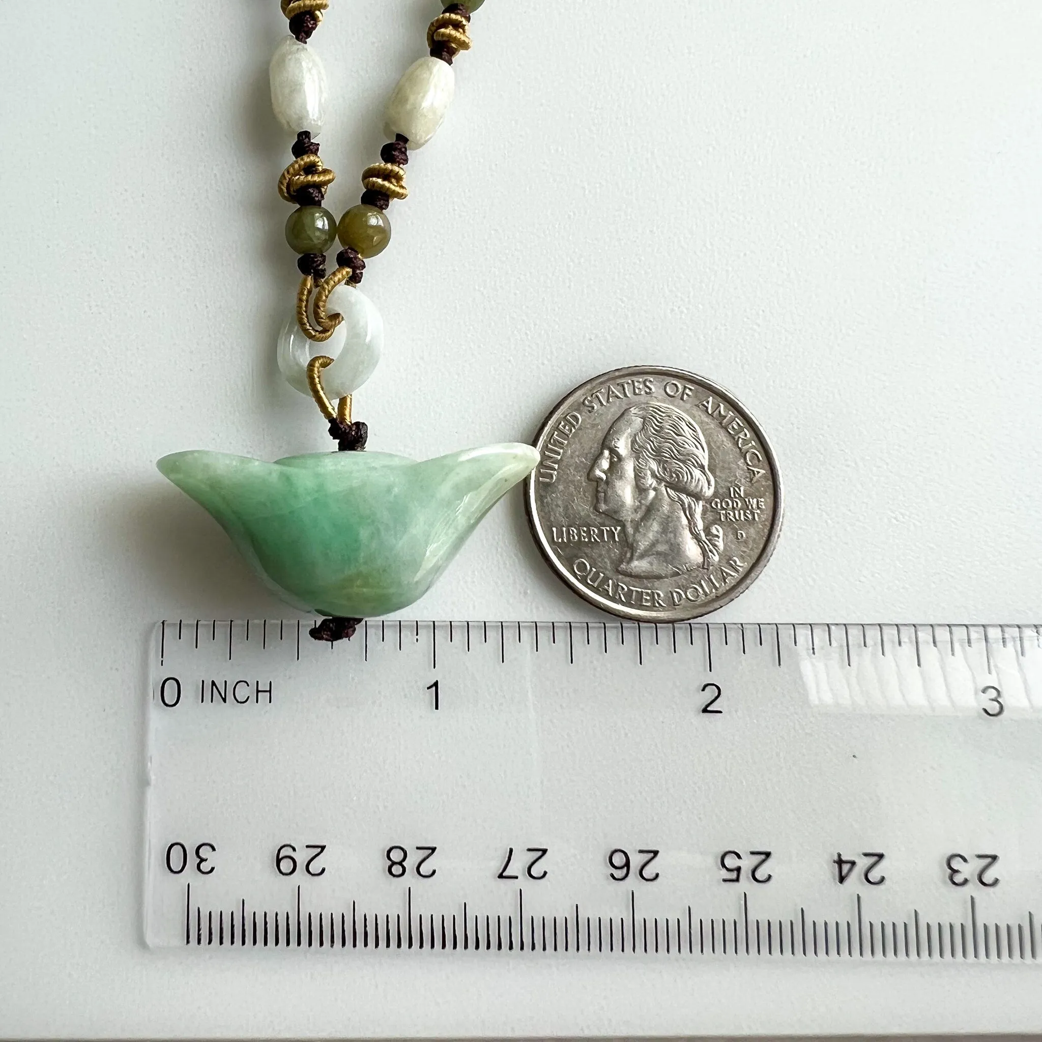 Jadeite Jade Wealth Charm, Ancient Ingot, 元宝, Hand Carved Jade Necklace, YW-0110-1655326212