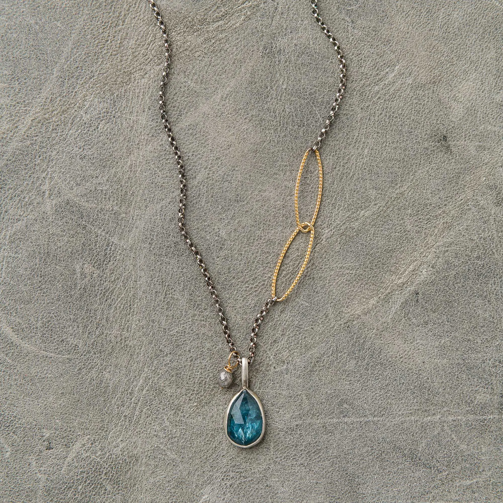 Moss Kyanite Drop Necklace with Grey Diamond in Mixed Metal