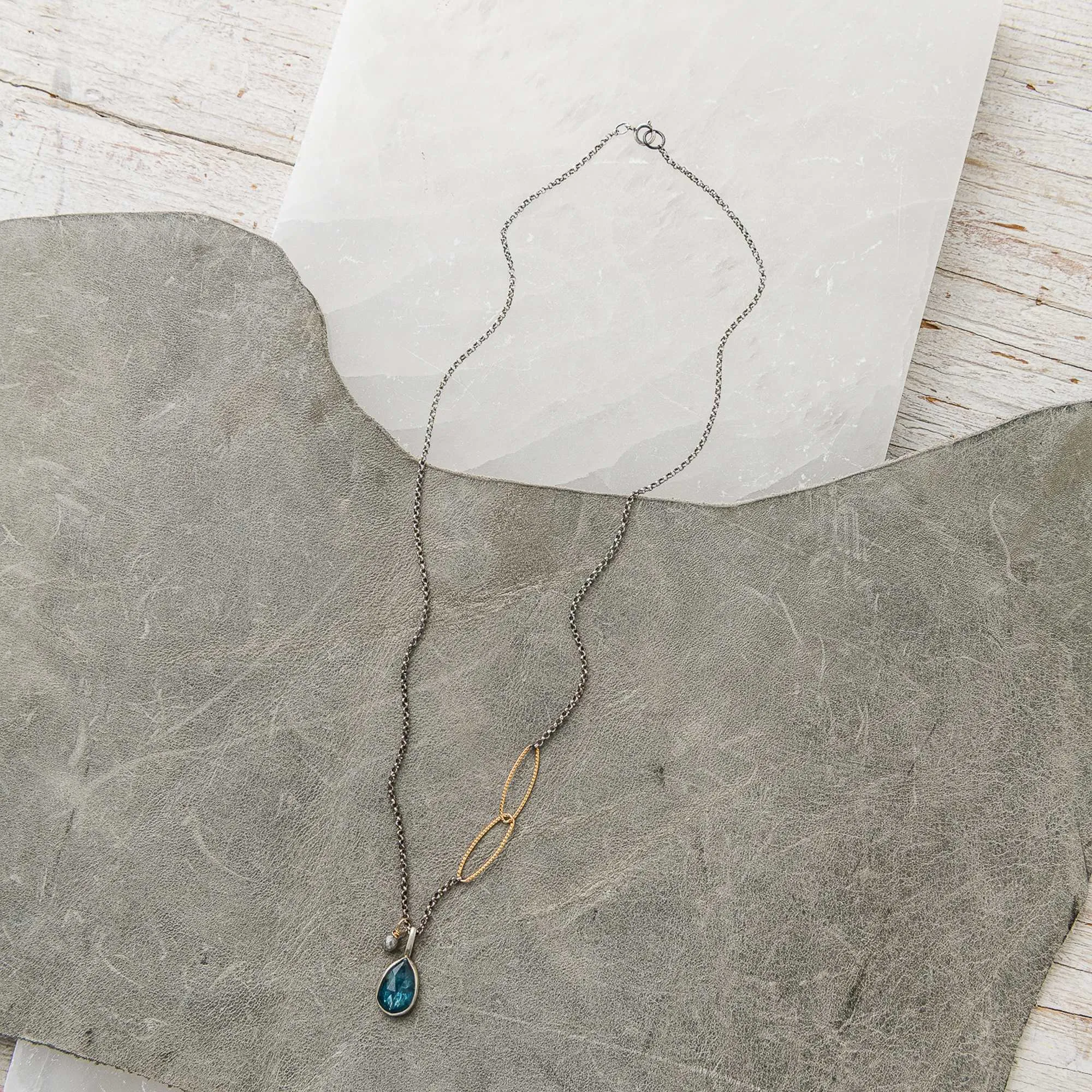 Moss Kyanite Drop Necklace with Grey Diamond in Mixed Metal