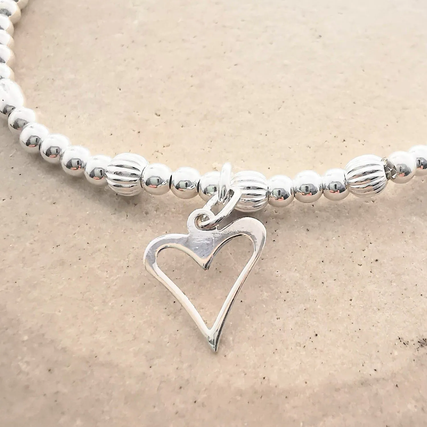 NATALIE Sterling Silver Bead and Open Heart Stretch Bracelet