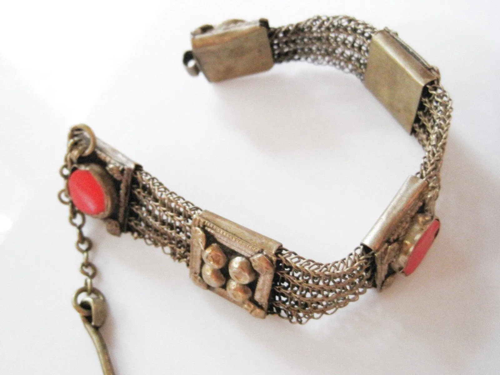 Old Large Wire Mesh Bedouin Bracelet with Red Glass