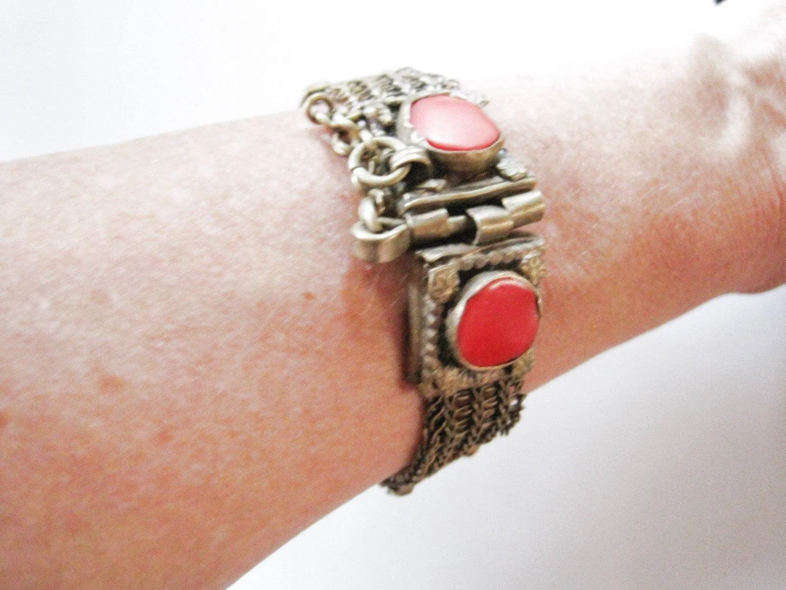Old Large Wire Mesh Bedouin Bracelet with Red Glass