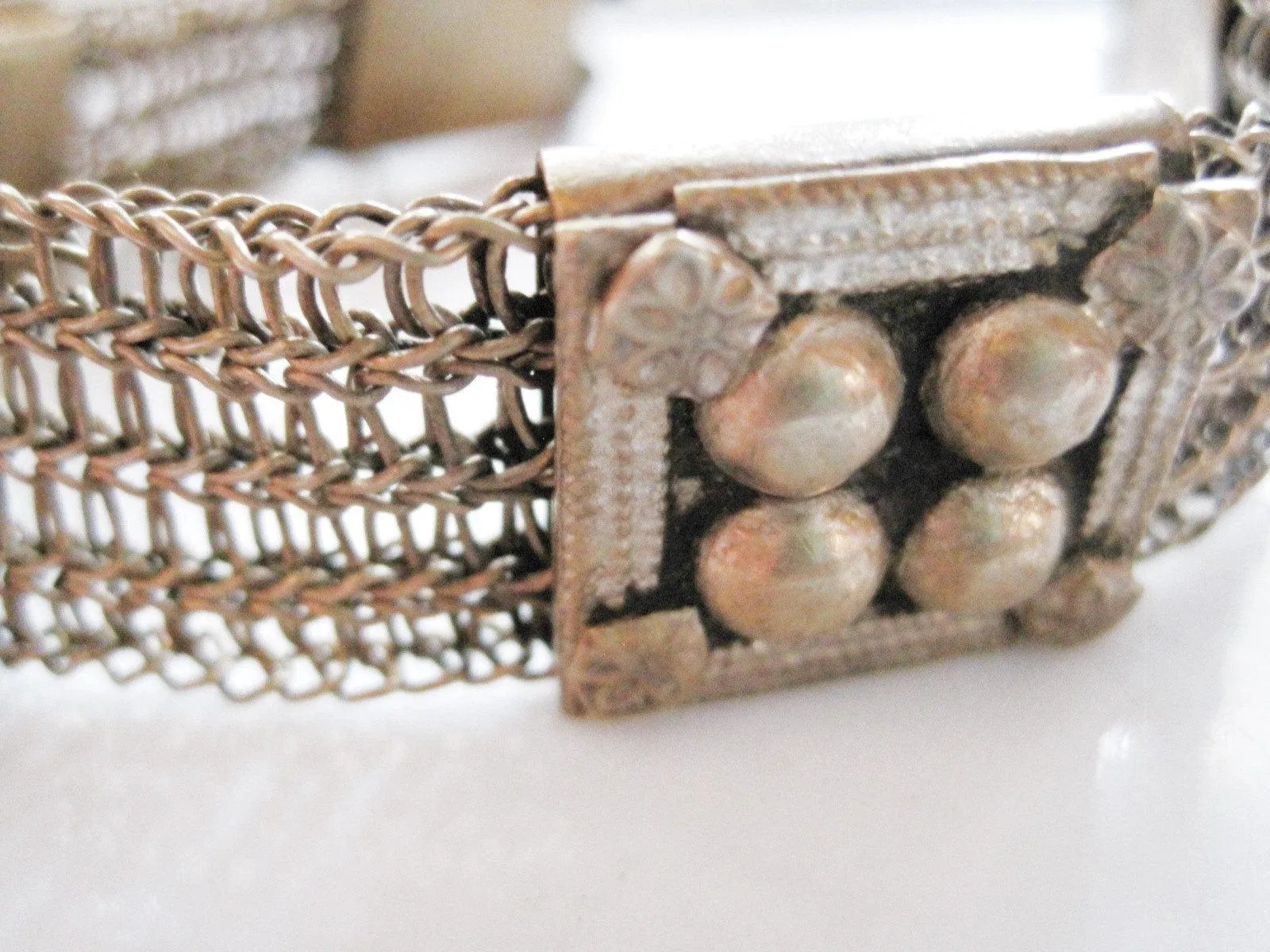 Old Large Wire Mesh Bedouin Bracelet with Red Glass