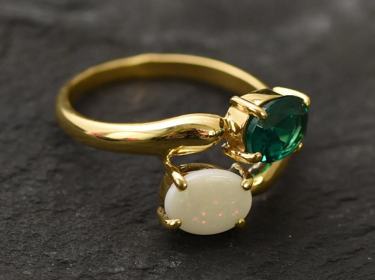 Opal Gold Ring, Gold Two Stone Ring, Natural Opal Ring