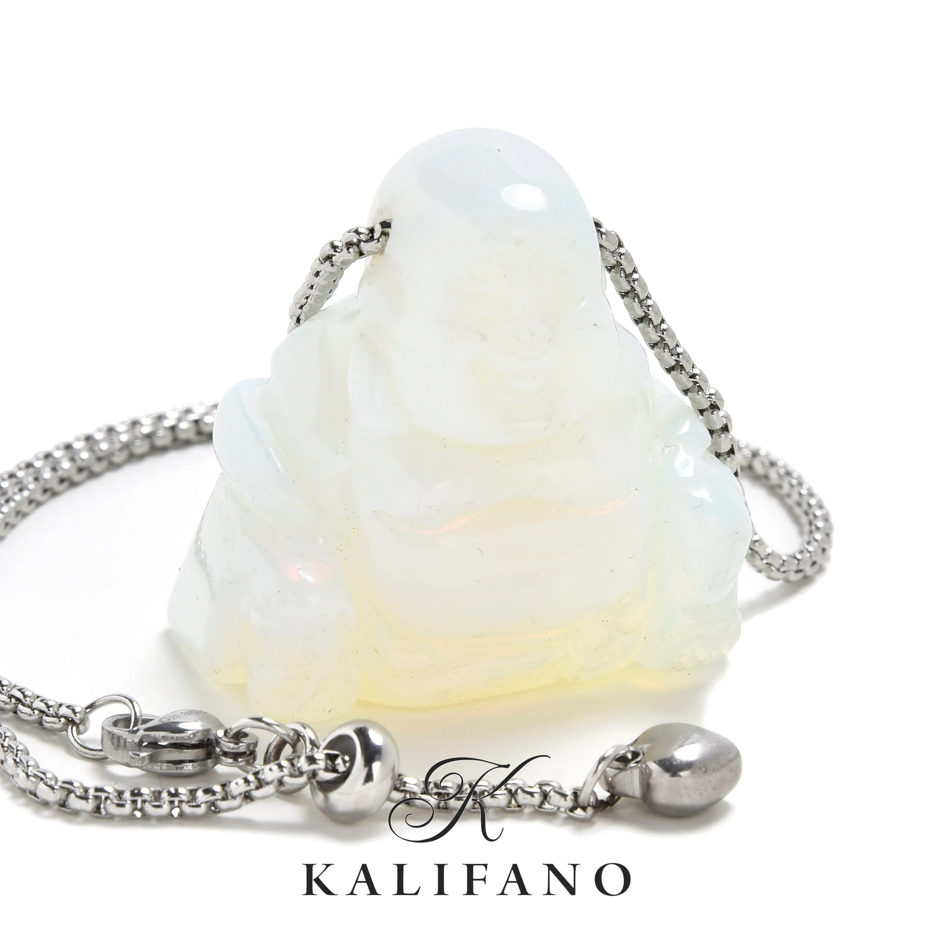 Opalite Moonstone Buddha Carving on Stainless Steel 30" Adjustable Bolo Chain