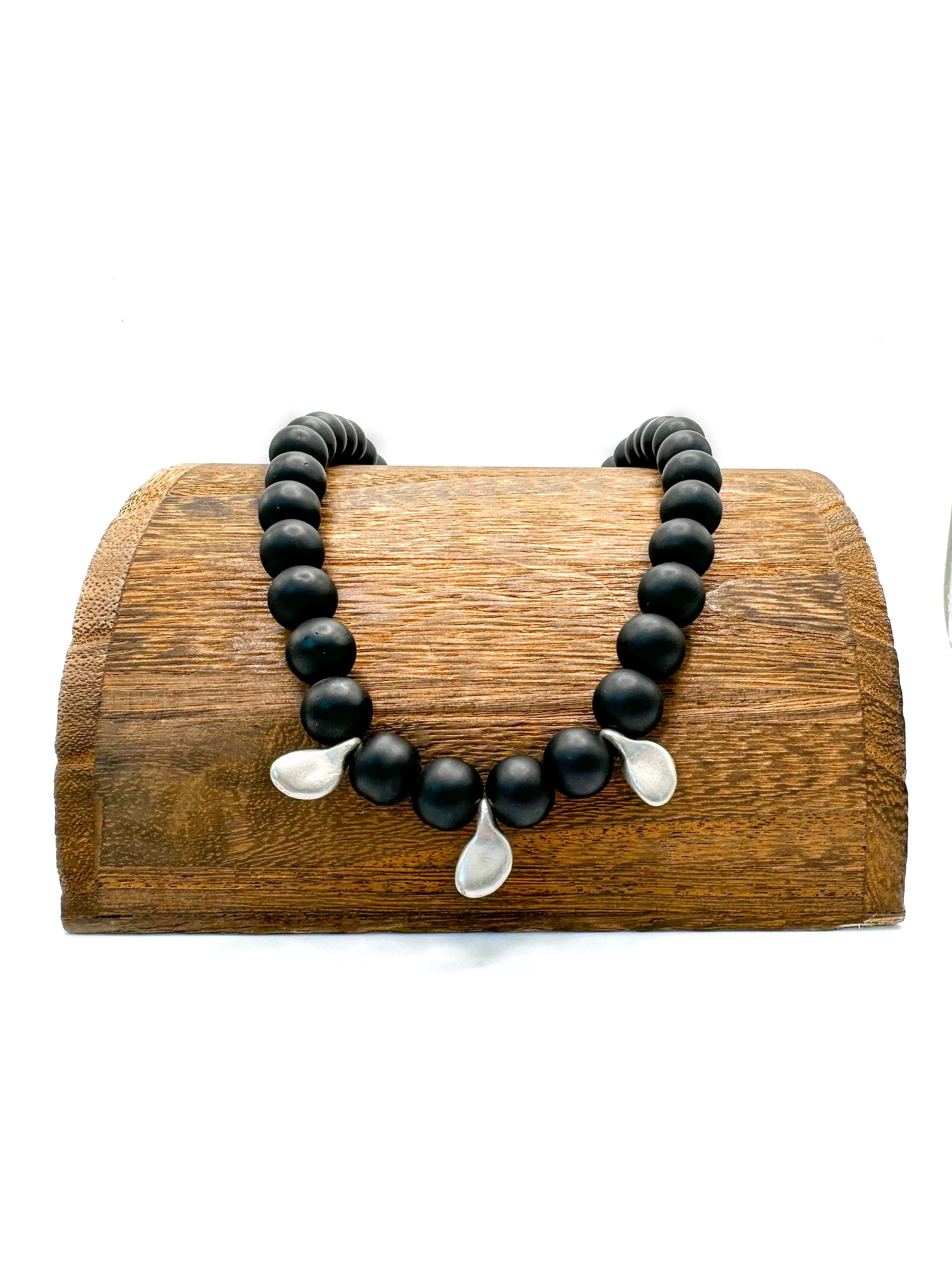 Power Necklace with Silver Pendant - Matte Black Jade