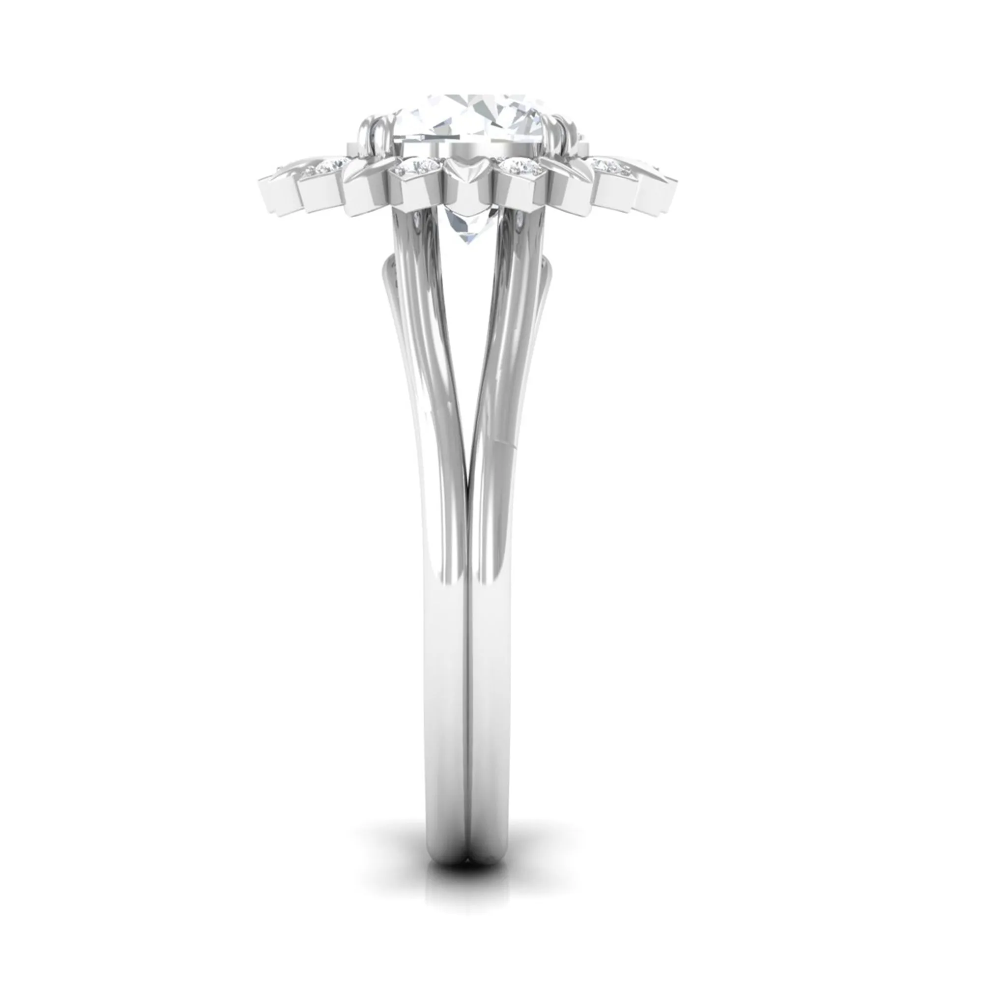 Round Cut Solitaire Zircon Gold Flower Engagement Ring in Split Shank