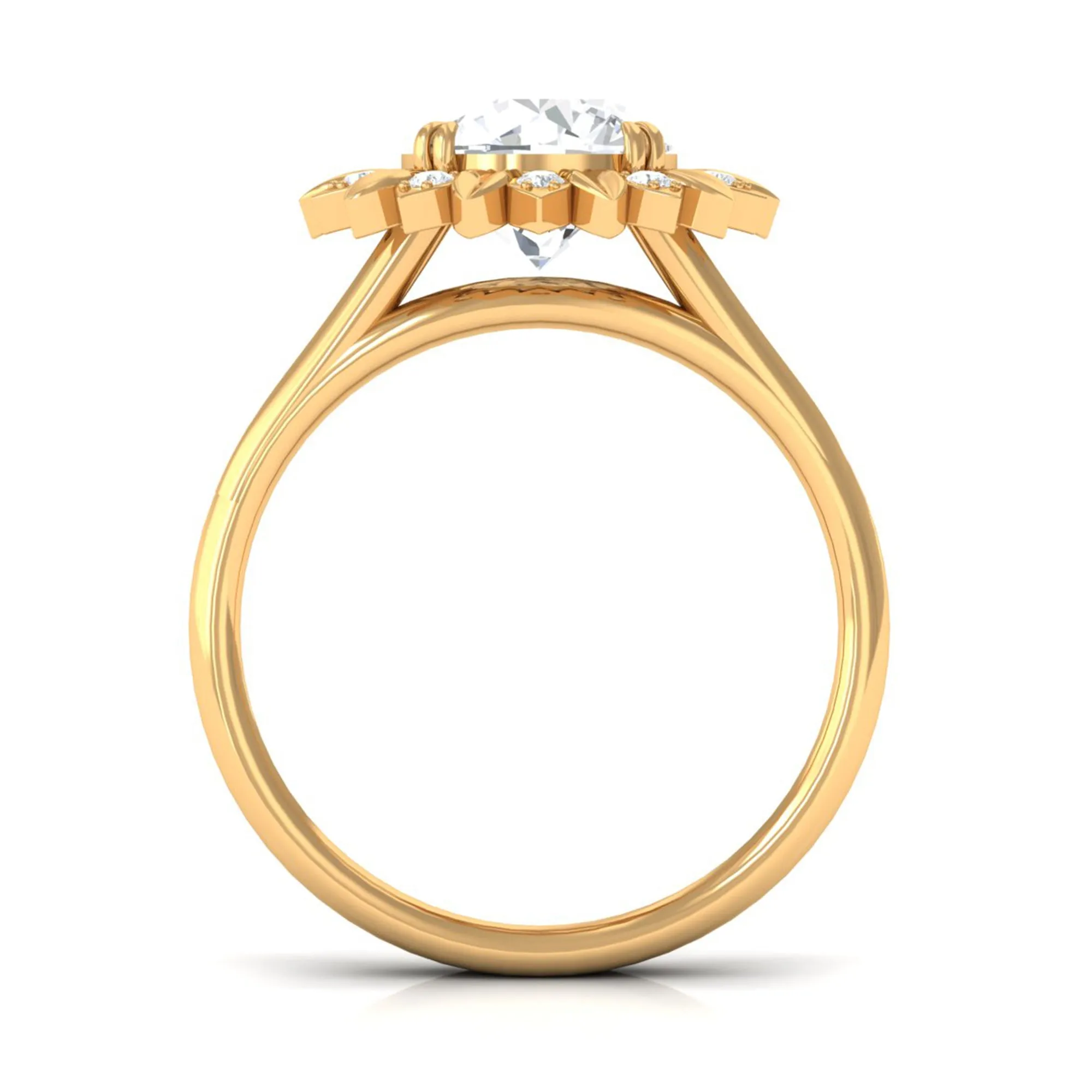 Round Cut Solitaire Zircon Gold Flower Engagement Ring in Split Shank