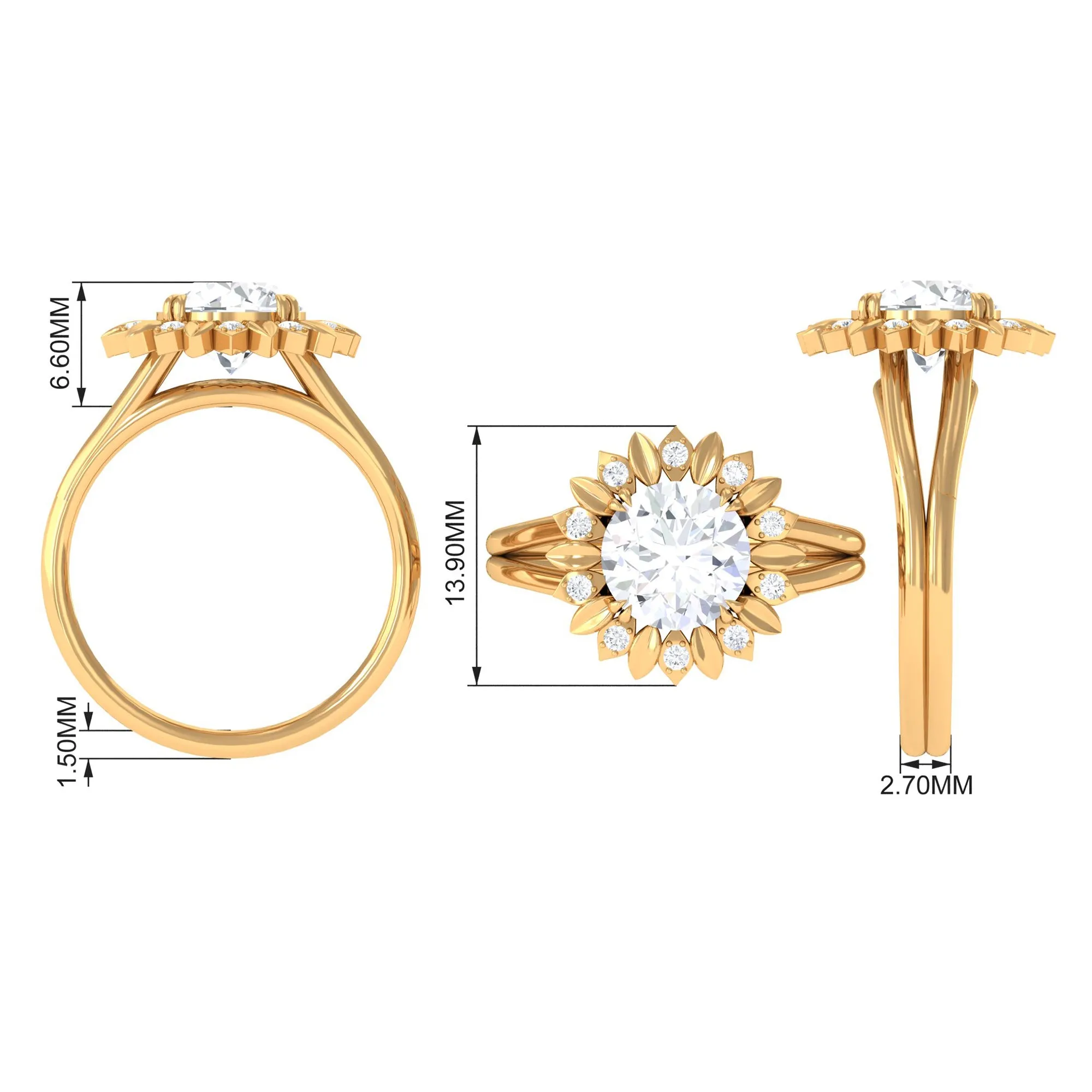 Round Cut Solitaire Zircon Gold Flower Engagement Ring in Split Shank