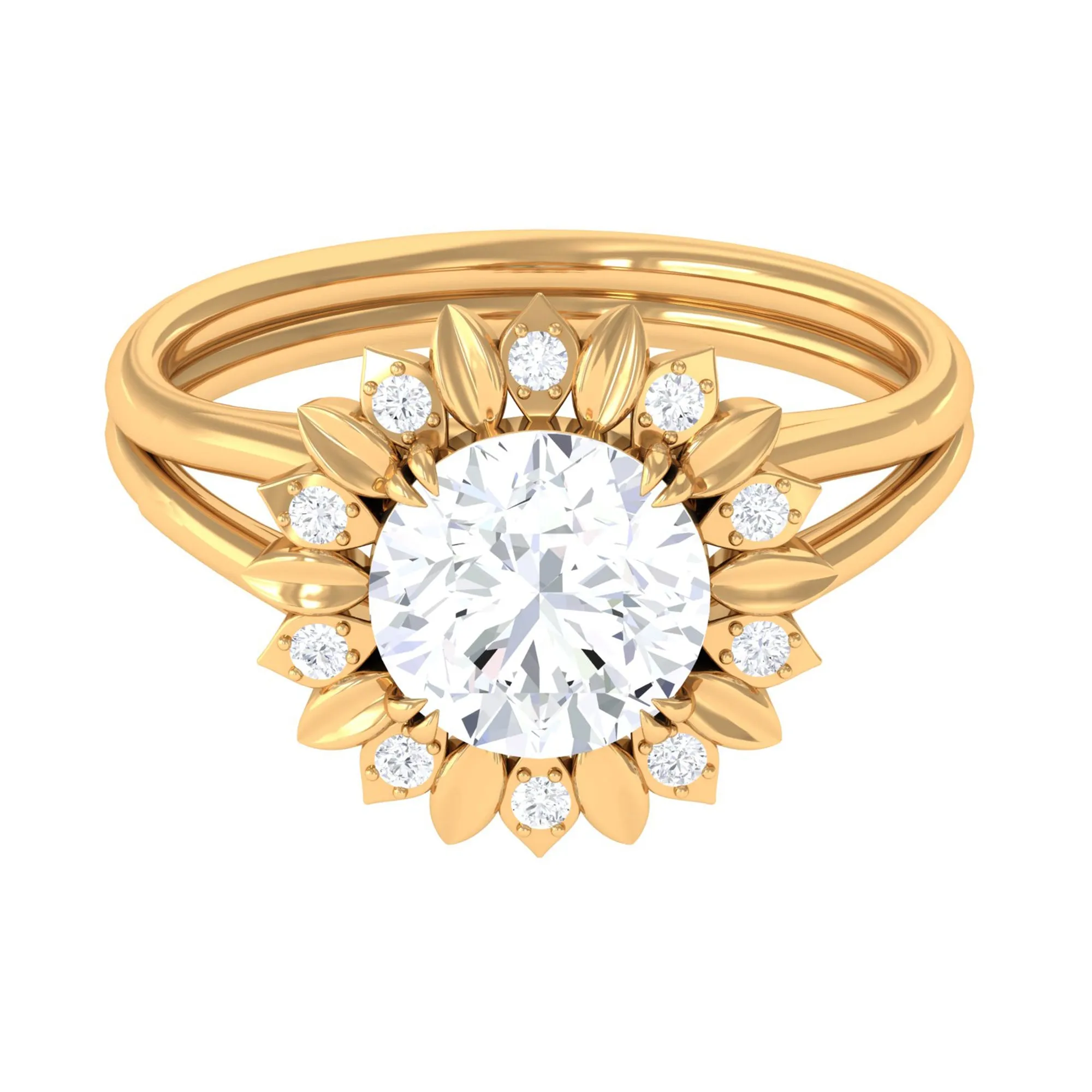 Round Cut Solitaire Zircon Gold Flower Engagement Ring in Split Shank