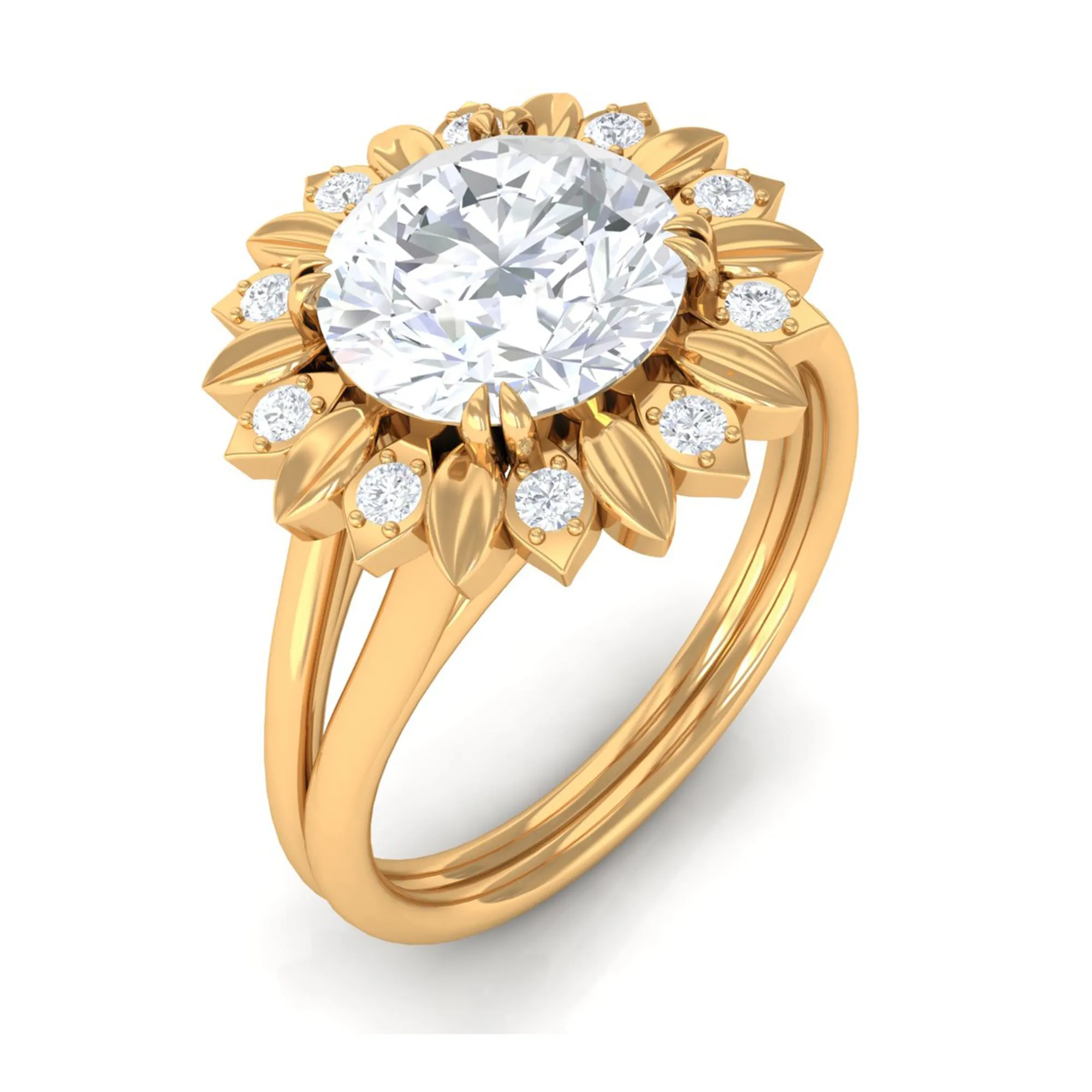 Round Cut Solitaire Zircon Gold Flower Engagement Ring in Split Shank