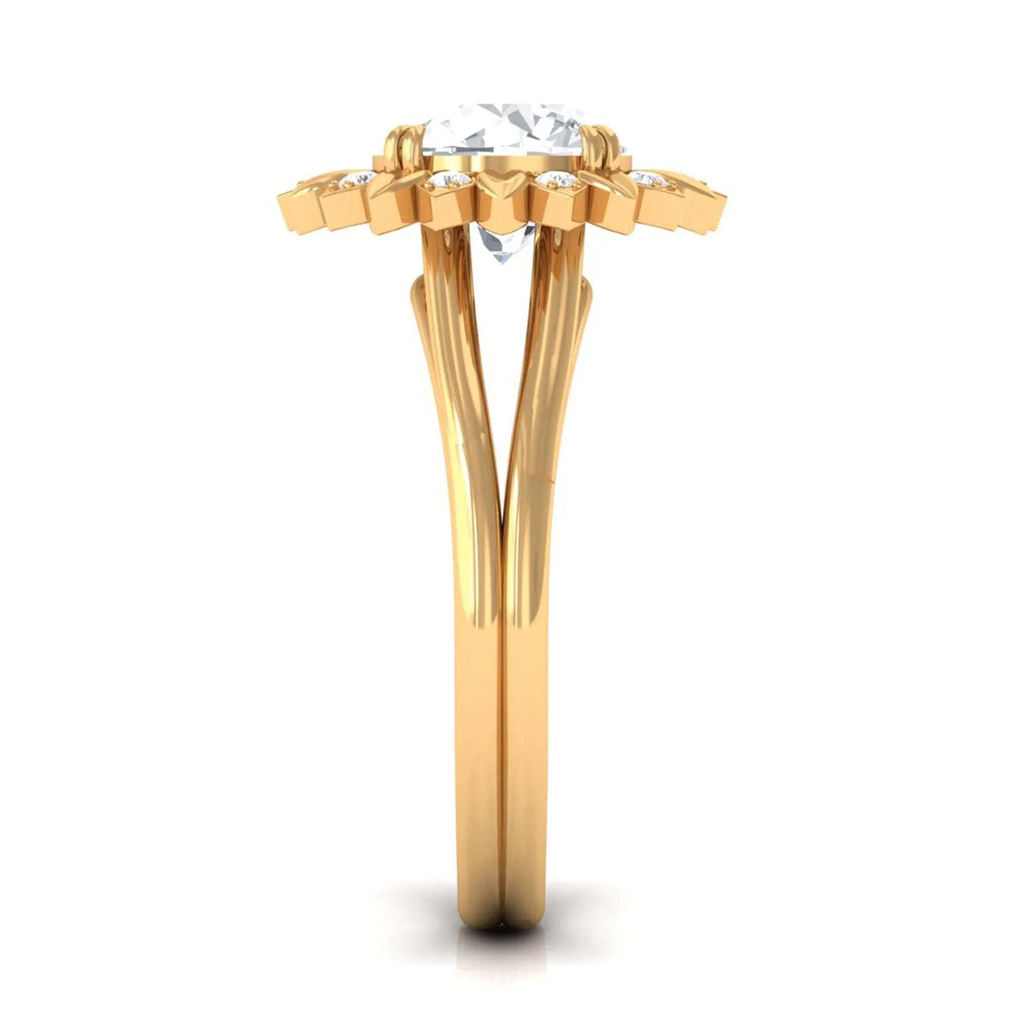 Round Cut Solitaire Zircon Gold Flower Engagement Ring in Split Shank