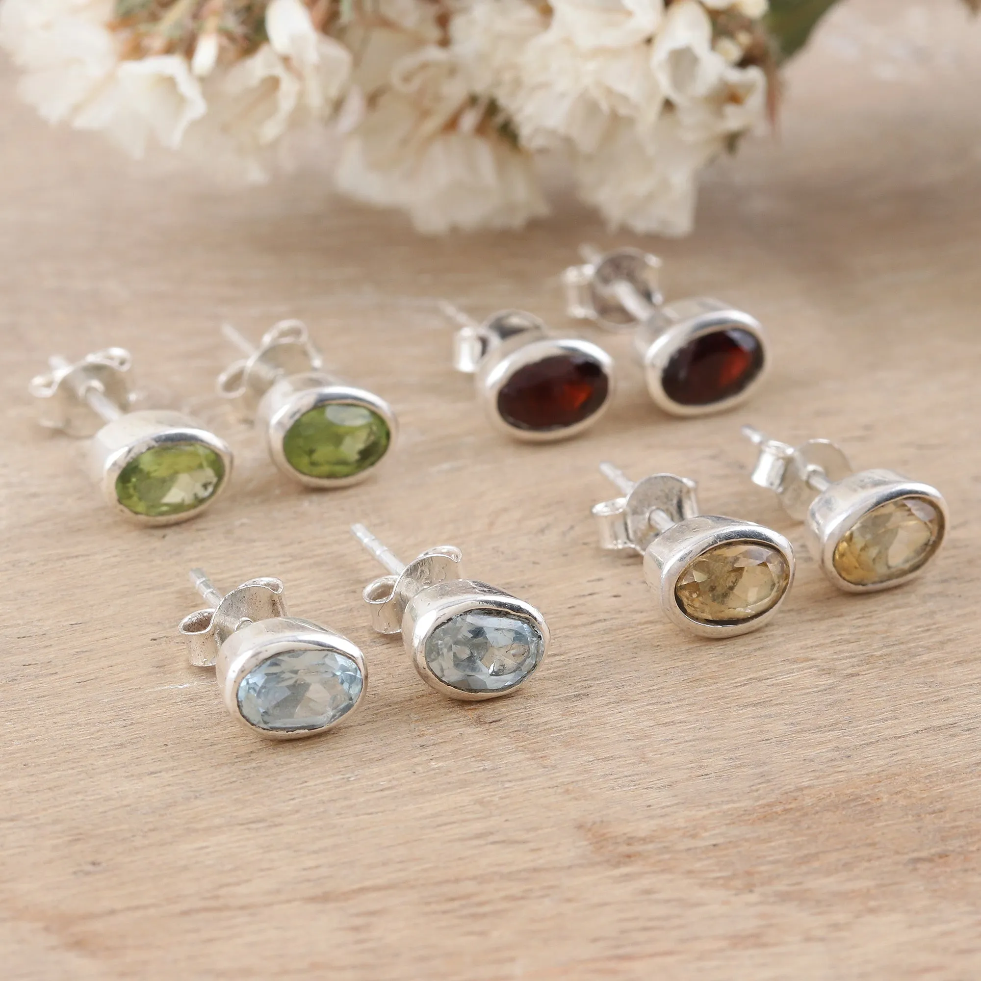 Set of 4 Gemstone and Sterling Silver Stud Earrings - All for One | NOVICA