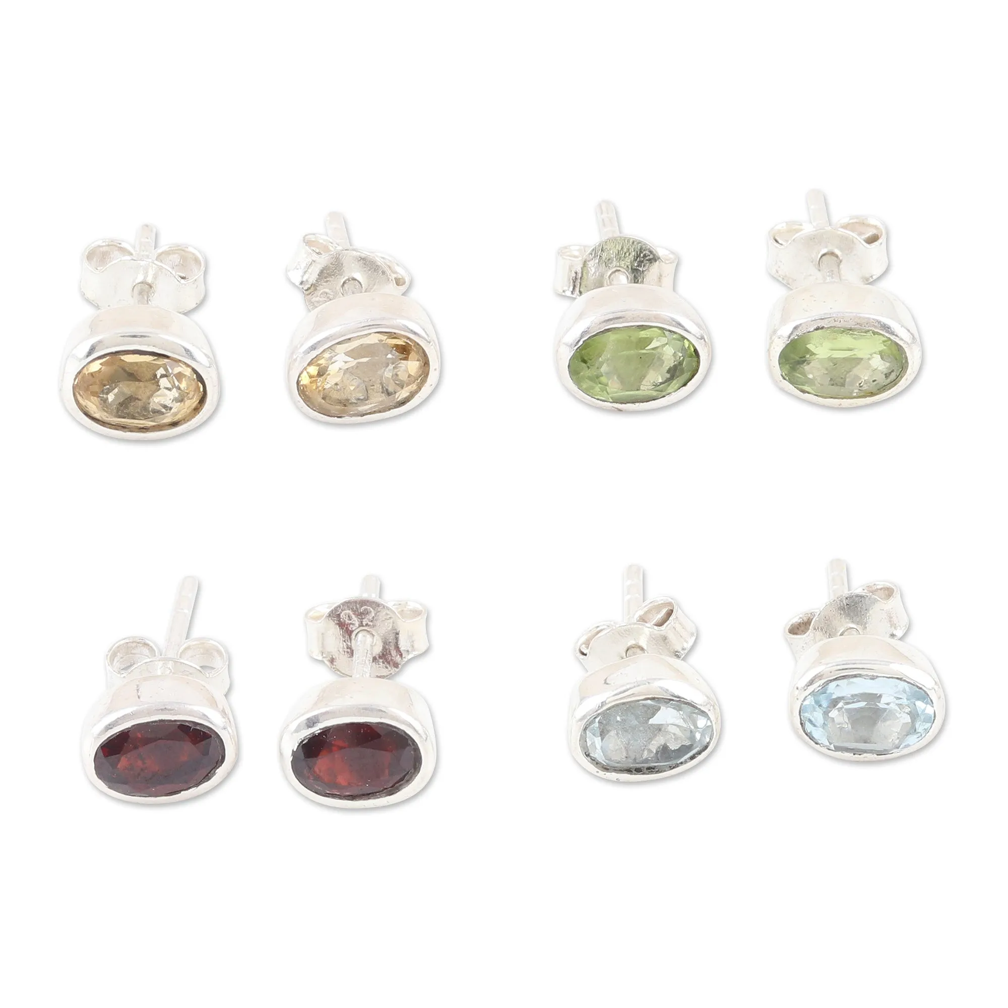 Set of 4 Gemstone and Sterling Silver Stud Earrings - All for One | NOVICA