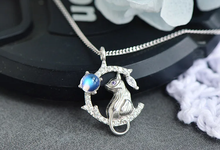 Silver Cat And Blue Moonstone Pendant Necklace For Women
