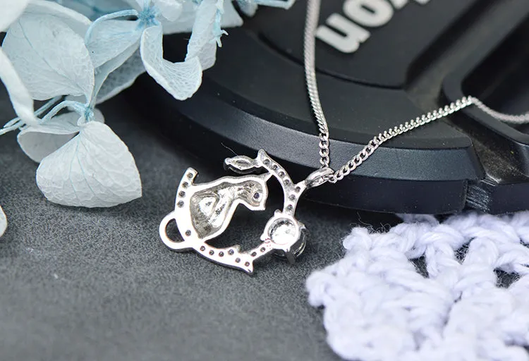 Silver Cat And Blue Moonstone Pendant Necklace For Women