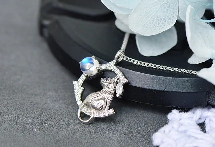 Silver Cat And Blue Moonstone Pendant Necklace For Women