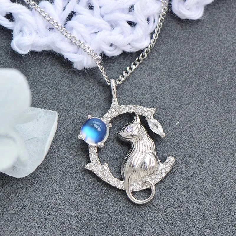 Silver Cat And Blue Moonstone Pendant Necklace For Women