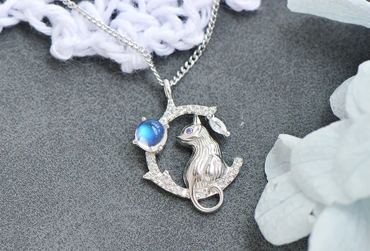 Silver Cat And Blue Moonstone Pendant Necklace For Women