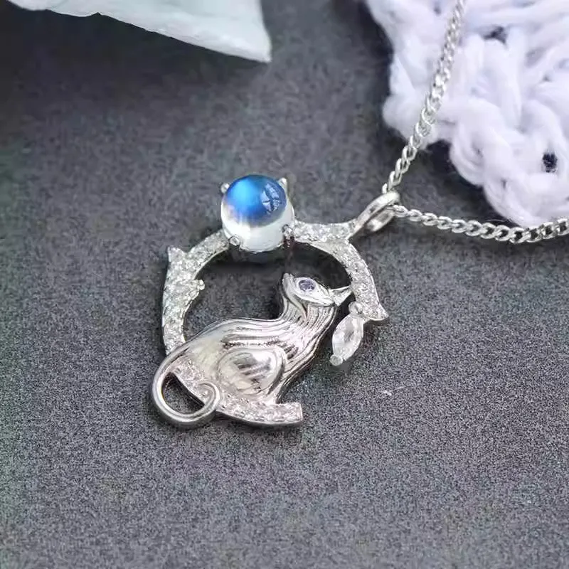 Silver Cat And Blue Moonstone Pendant Necklace For Women