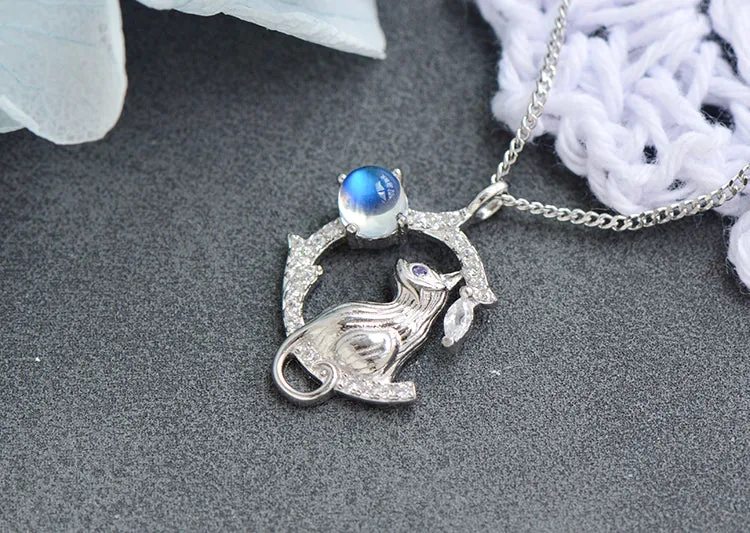 Silver Cat And Blue Moonstone Pendant Necklace For Women