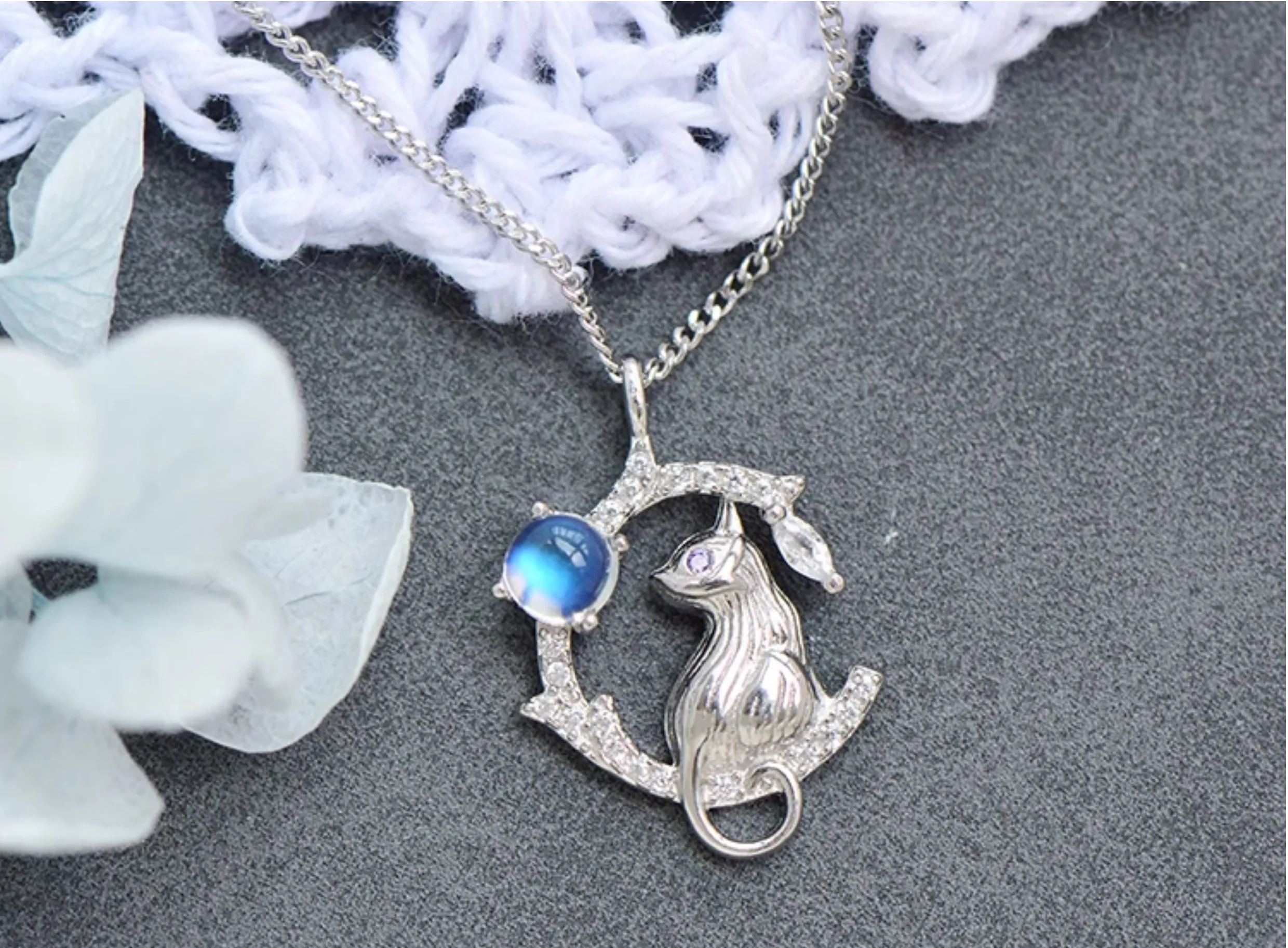 Silver Cat And Blue Moonstone Pendant Necklace For Women
