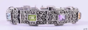 Sparkling Sterling Silver Marcasites Citrine Topaz Amethyst Link Bracelet