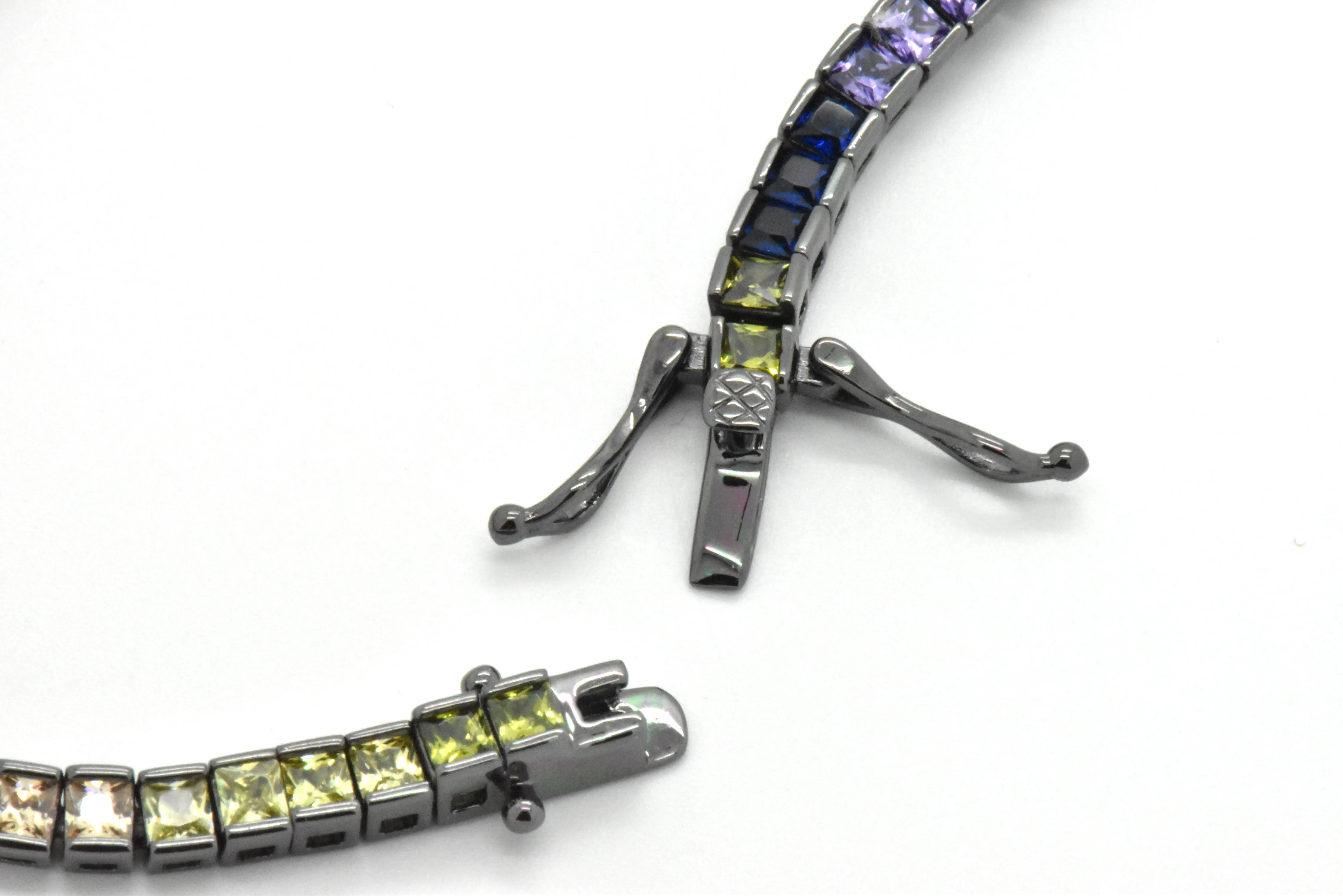 Sterling Silver Black Platinum Rainbow Created Sapphire Round Cut 7-in Tennis Bracelet