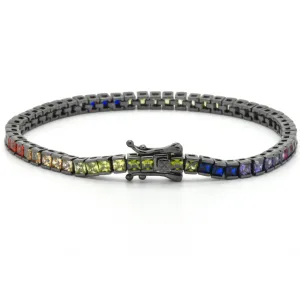Sterling Silver Black Platinum Rainbow Created Sapphire Round Cut 7-in Tennis Bracelet