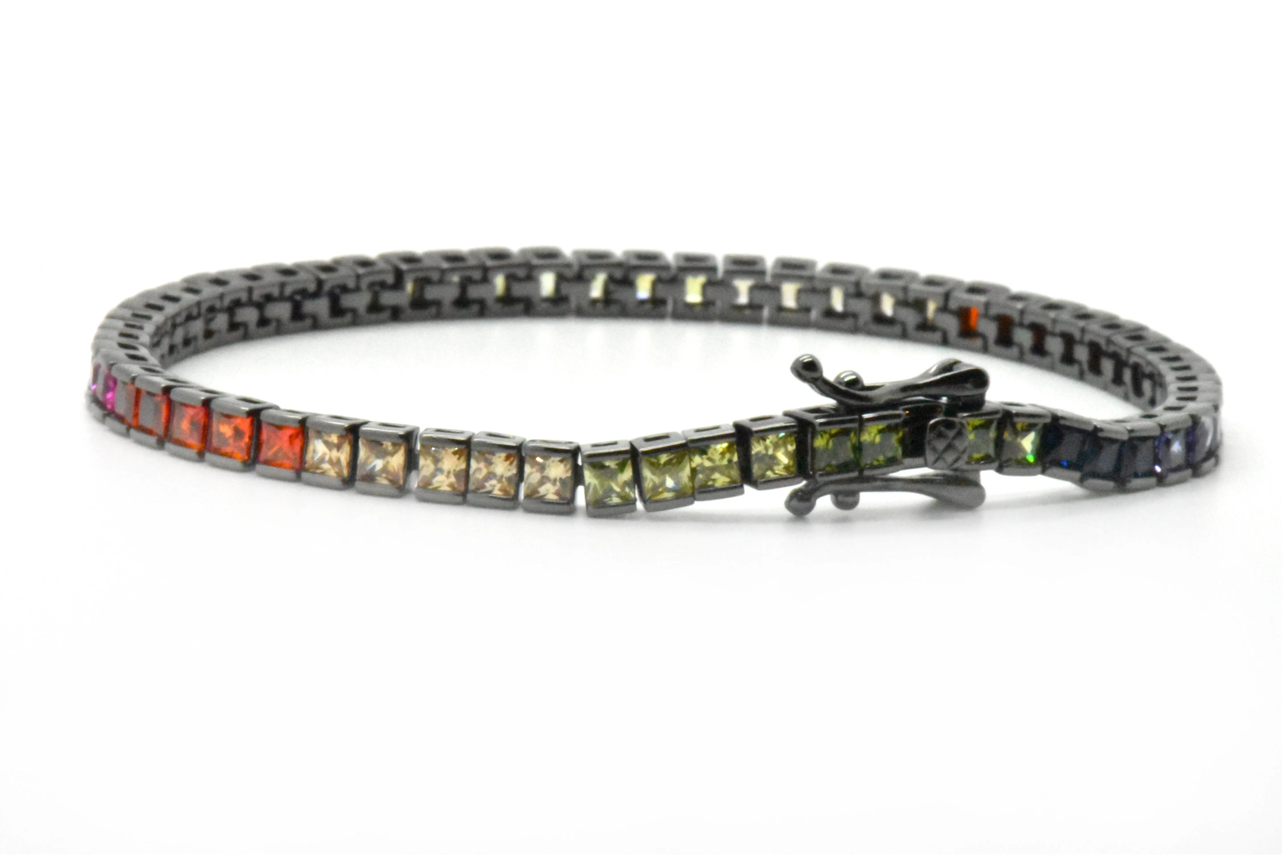 Sterling Silver Black Platinum Rainbow Created Sapphire Round Cut 7-in Tennis Bracelet