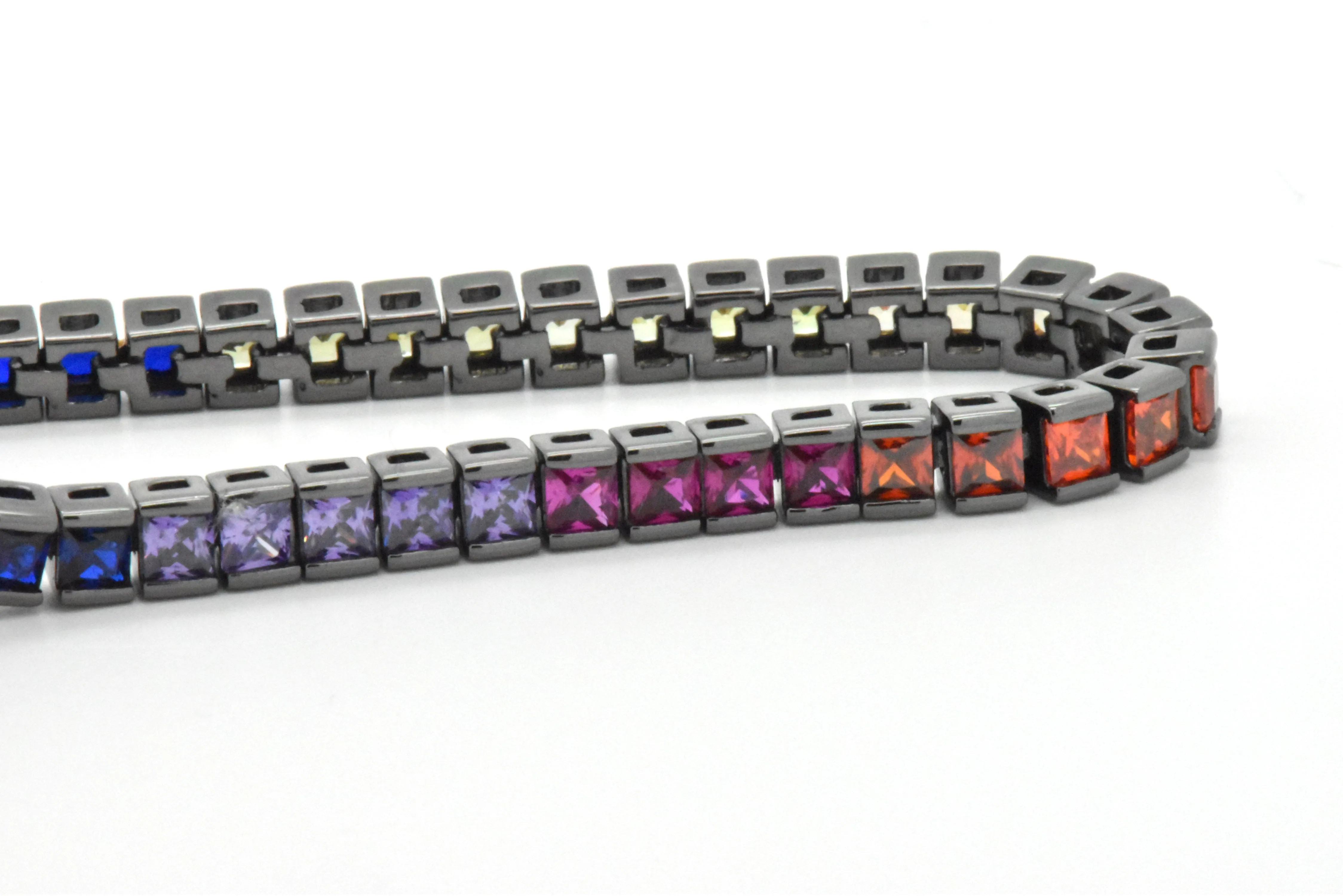 Sterling Silver Black Platinum Rainbow Created Sapphire Round Cut 7-in Tennis Bracelet