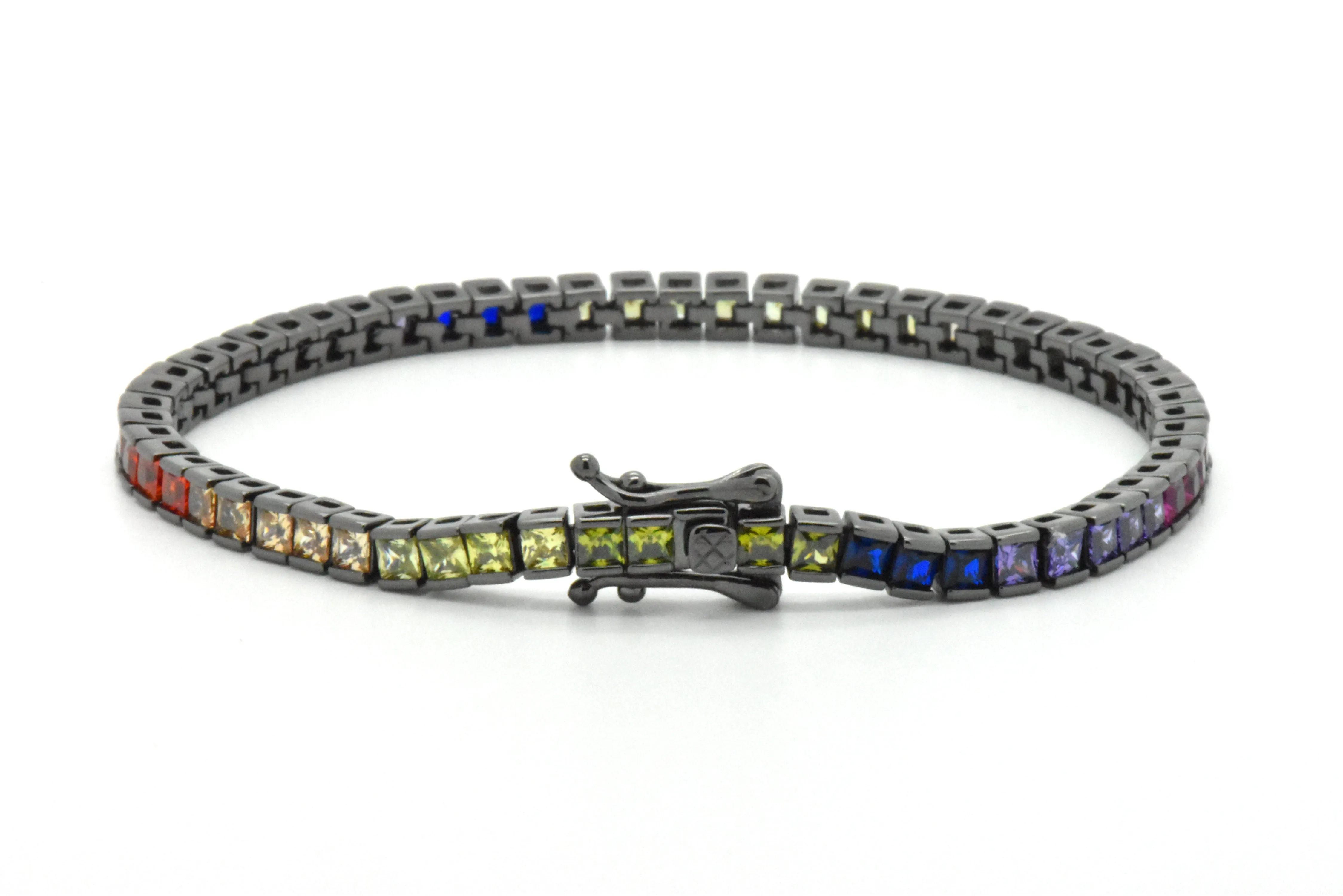 Sterling Silver Black Platinum Rainbow Created Sapphire Round Cut 7-in Tennis Bracelet