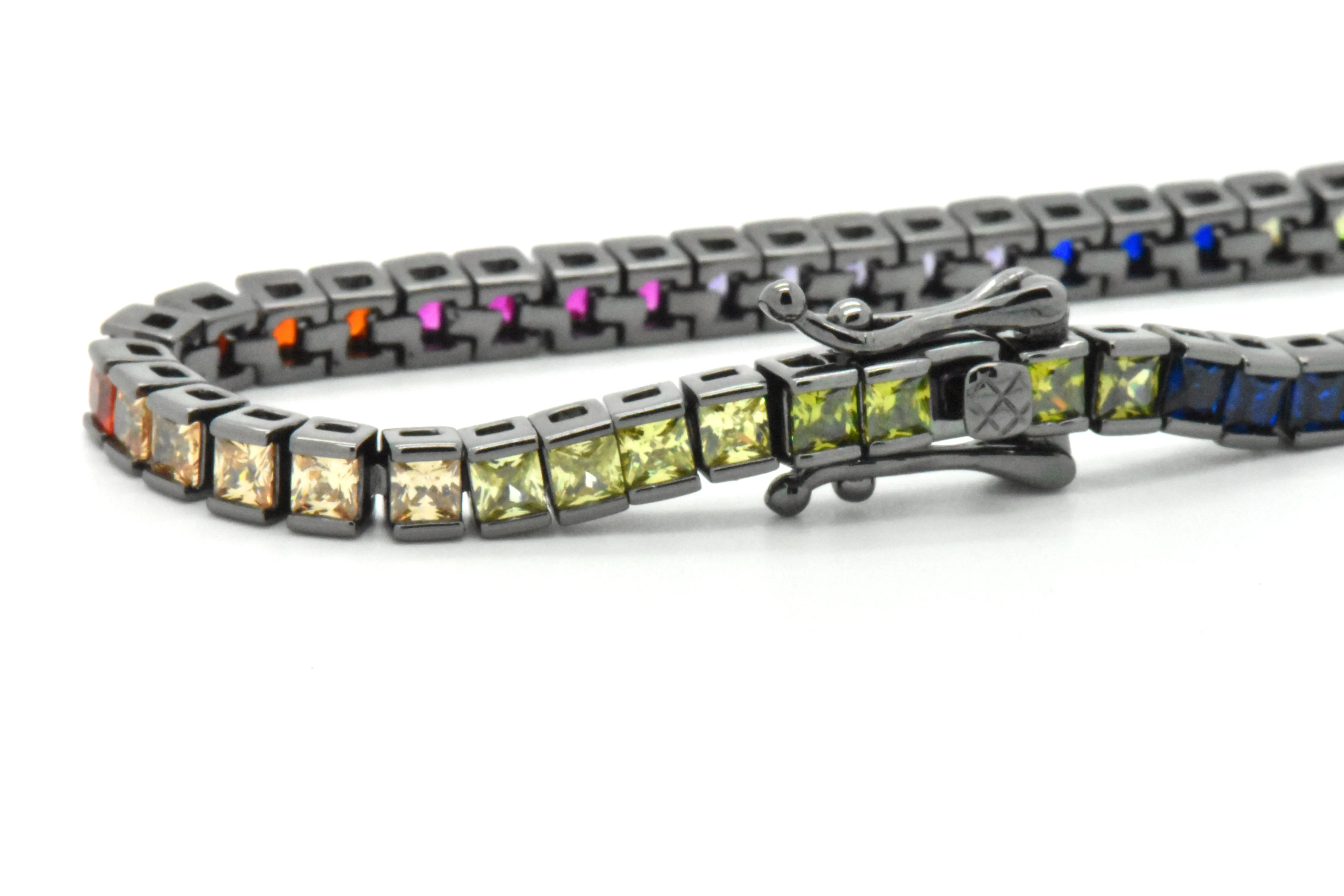 Sterling Silver Black Platinum Rainbow Created Sapphire Round Cut 7-in Tennis Bracelet