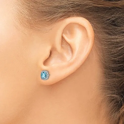 Sterling Silver Cushion Blue Topaz & Created White Sapphire Halo Earrings