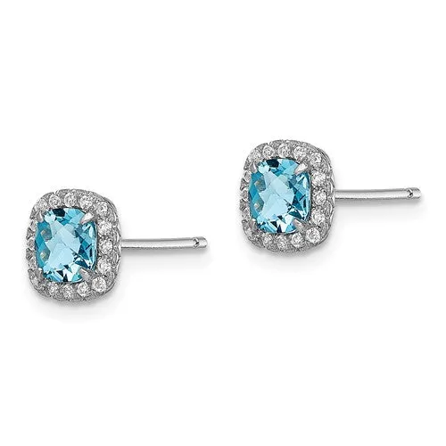 Sterling Silver Cushion Blue Topaz & Created White Sapphire Halo Earrings