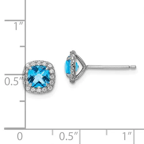 Sterling Silver Cushion Blue Topaz & Created White Sapphire Halo Earrings
