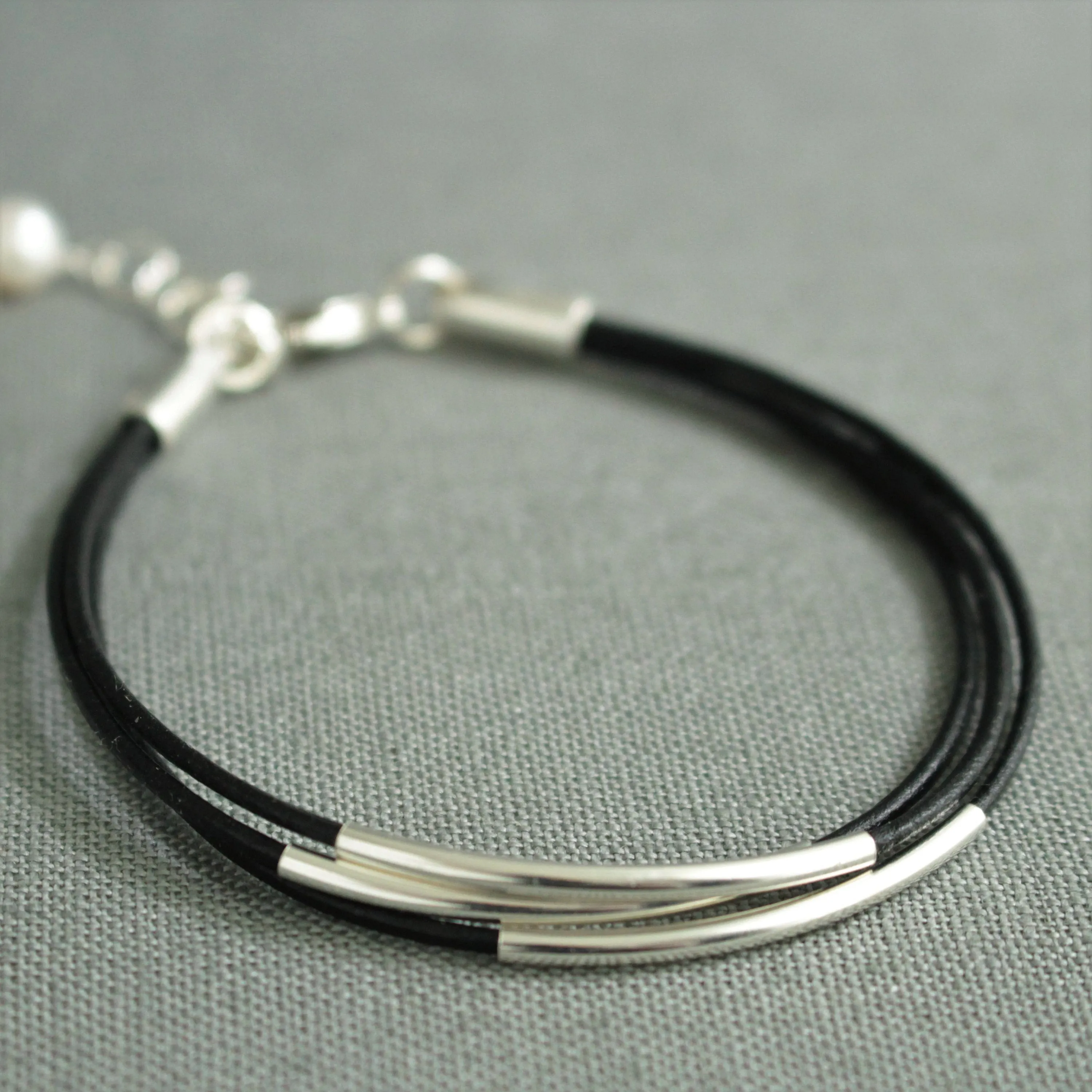 Sterling Silver Floating Tube & Black Greek Leather Bracelet