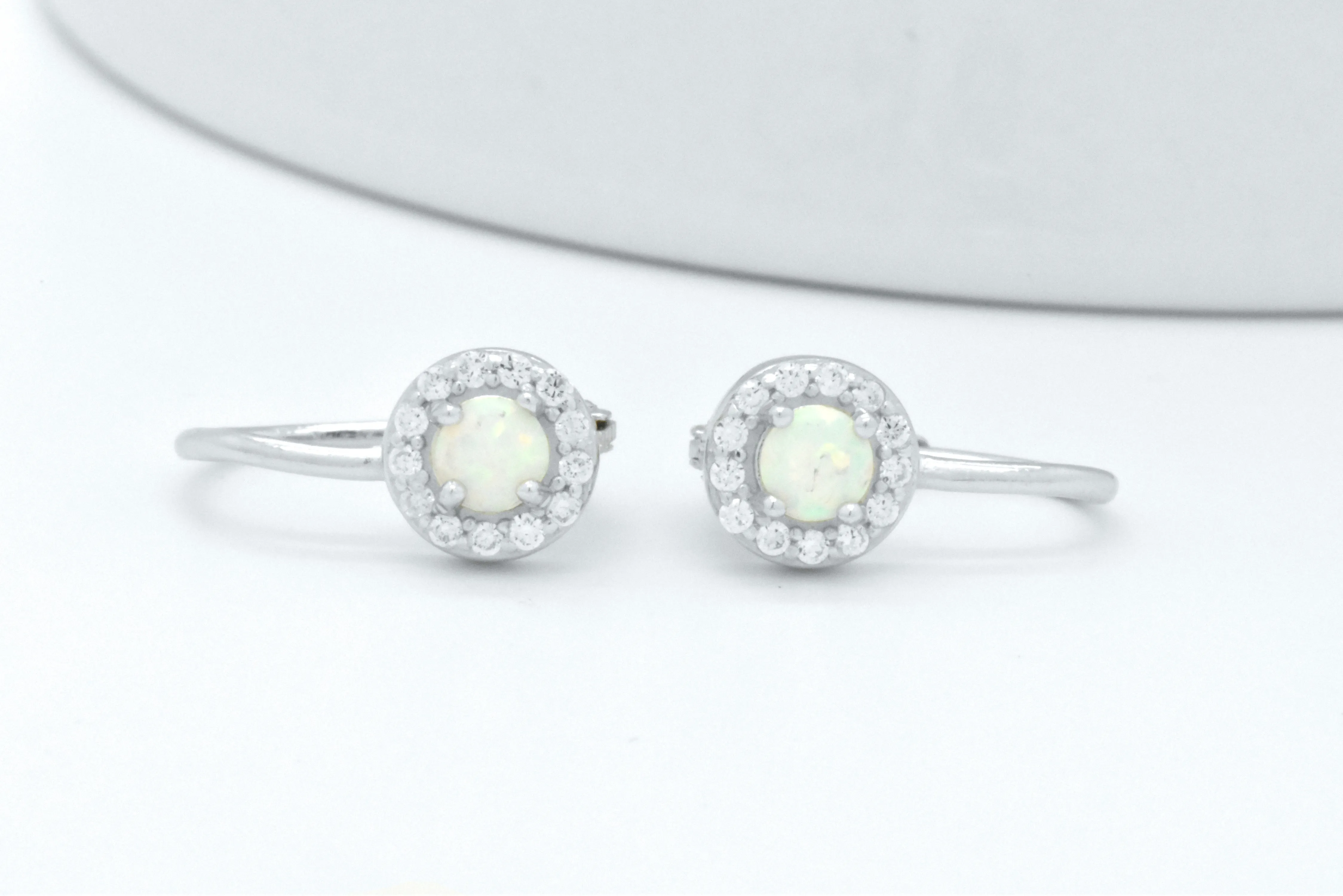 Sterling Silver White Opal Halo Dangle LeverBack French Hoop Wire Earrings