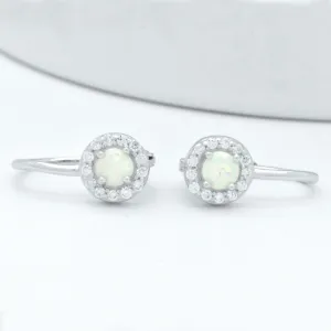 Sterling Silver White Opal Halo Dangle LeverBack French Hoop Wire Earrings