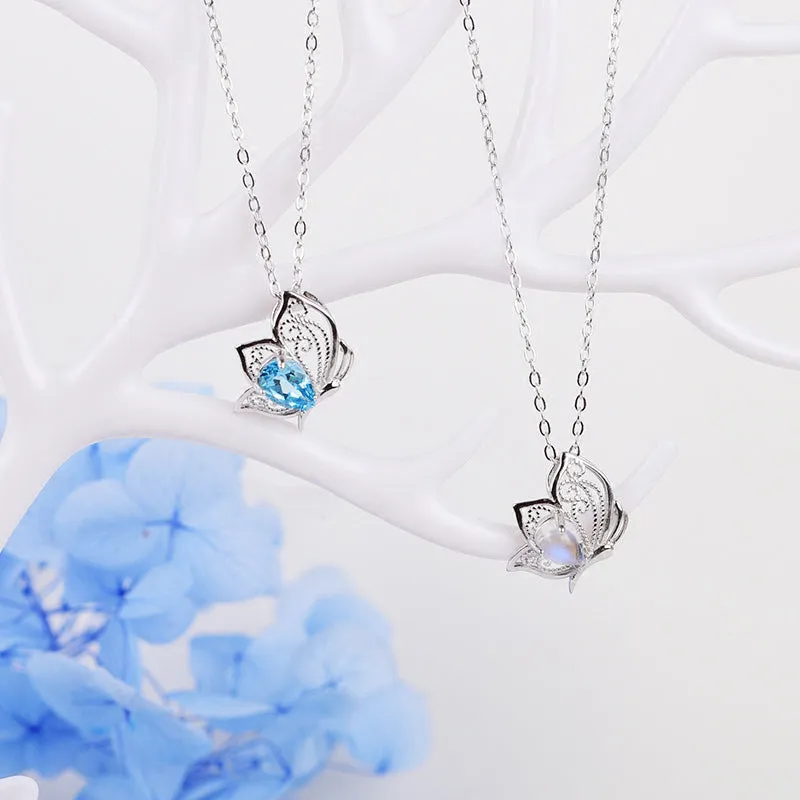 Topaz Moonstone Pendant Necklace in White Gold Plated Silver Gemstone Jewelry Women