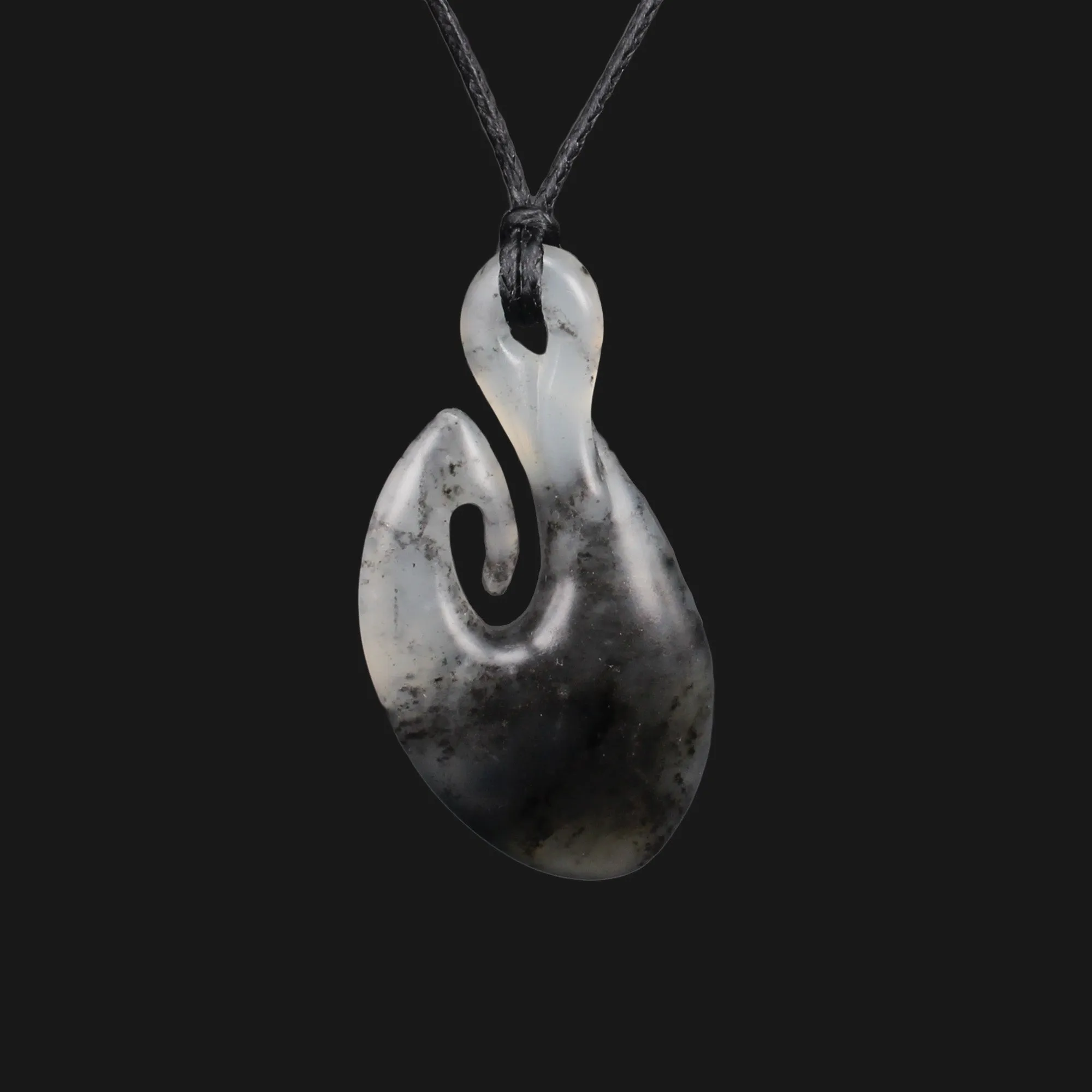 Unique Hand-Carved Gray White Flower Jade Pendant with Maori Hei Matau Design - Traditional NZ Style Necklace for Everyday Special Occasions